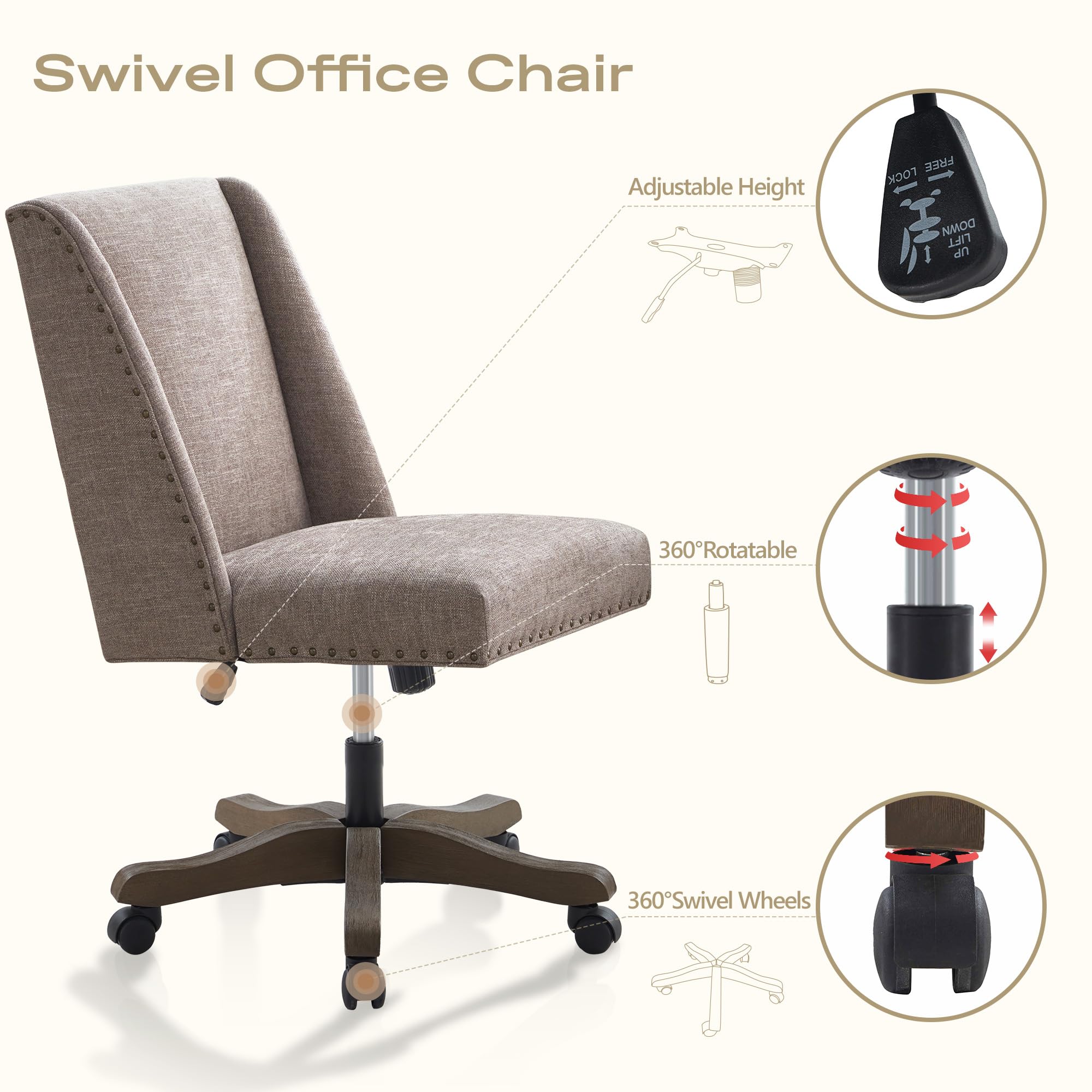 Upholstered Armless Office Chair with Wooden Legs, Modern Adjustable Home Office Desk Chair Computer Chair Swivel Chair for Home Office Study Studio (Brown)
