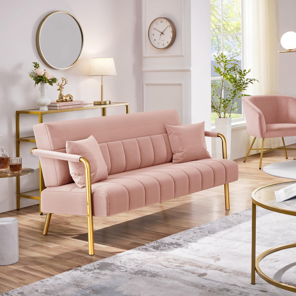 56.5" W Modern Sofa Small Sofa Luxurious Velvet Fabric Couch with Gold-Tone Metal Arms and Legs for Living Room, Office, Studio Pink