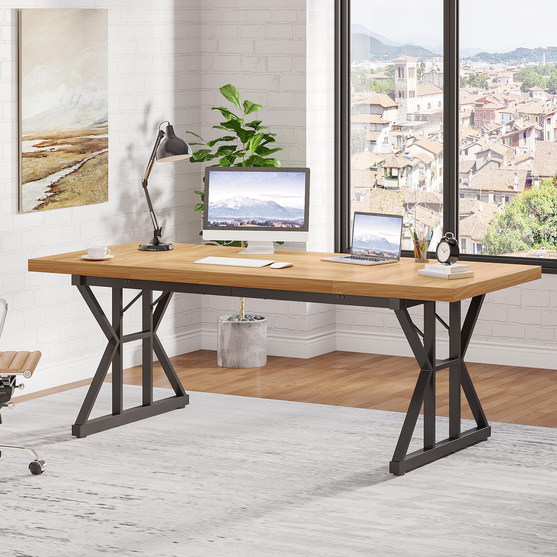 70.8-Inch Executive Desk, Large Computer Office Desk Workstation, Modern Simple Style Laptop Desk Study Writing Table Business Furniture for Home Office (Light Walnut/Black, 70.8 Inch)