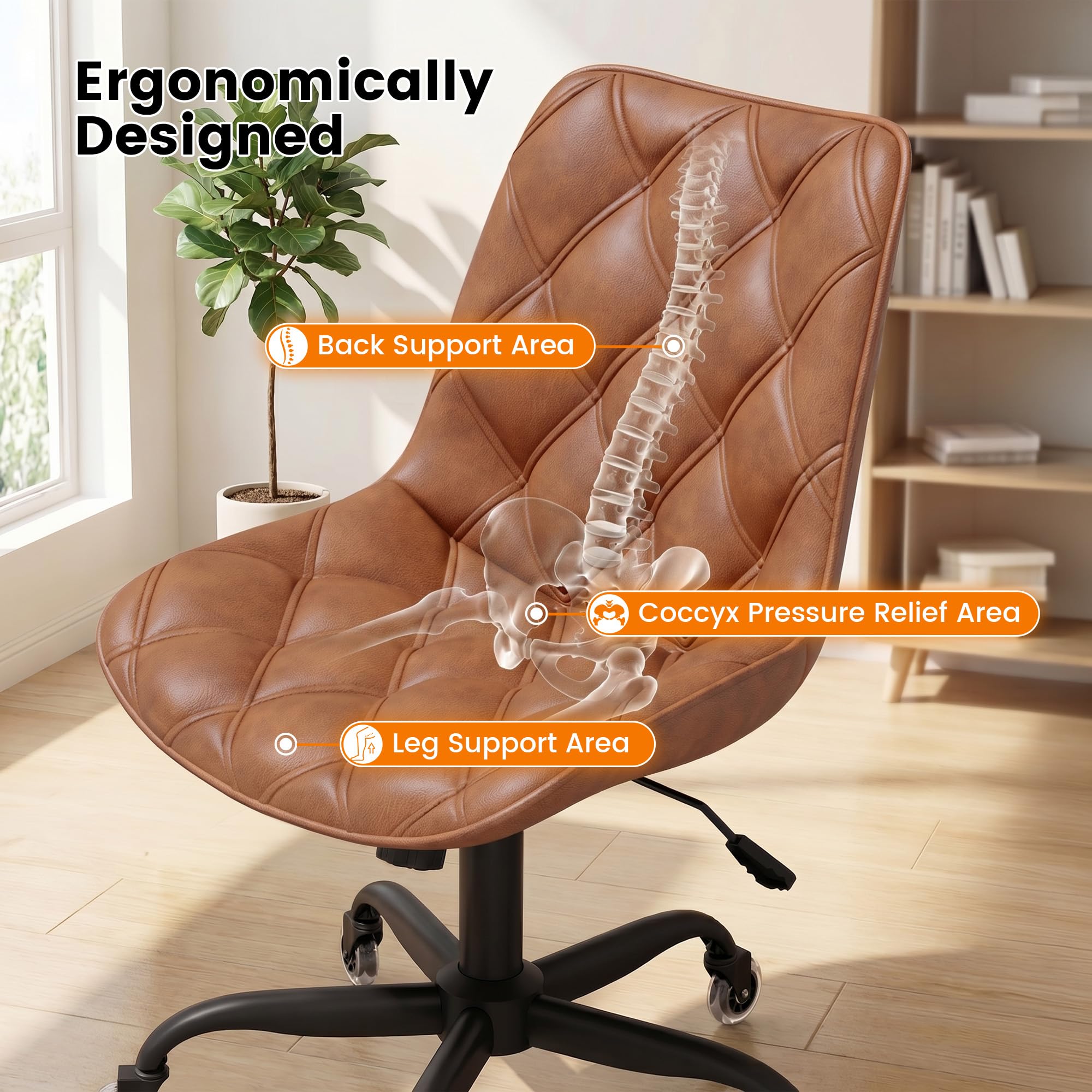 Armless Office Chair, Mid Back Modern Desk Chair with Rubber Wheels, 360 Swivel PU Leather Office Chair No Arms, Adjustable Height Small Computer Chair, Armless Desk Chair for Office, Brown