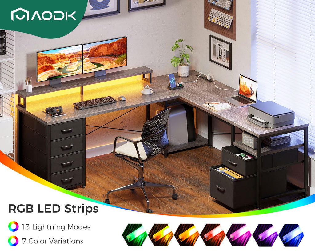 66" L Shaped Desk, 113" Computer Desk with File Cabinet & 4 Fabric Drawers, Home Office Desk with Monitor Shelf & Power Outlet, Two Person Desk or Corner Desk, Gaming Table with LED Light, Grey