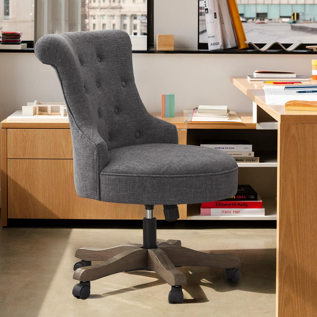 Home Office Chair Upholstered Armless Desk Chair with Wheels Adjustable Height Computer Desk Chair with Wooden Legs Linen Fabric Comfortable Swivel Chairs for Home Office Study Studio (Grey)
