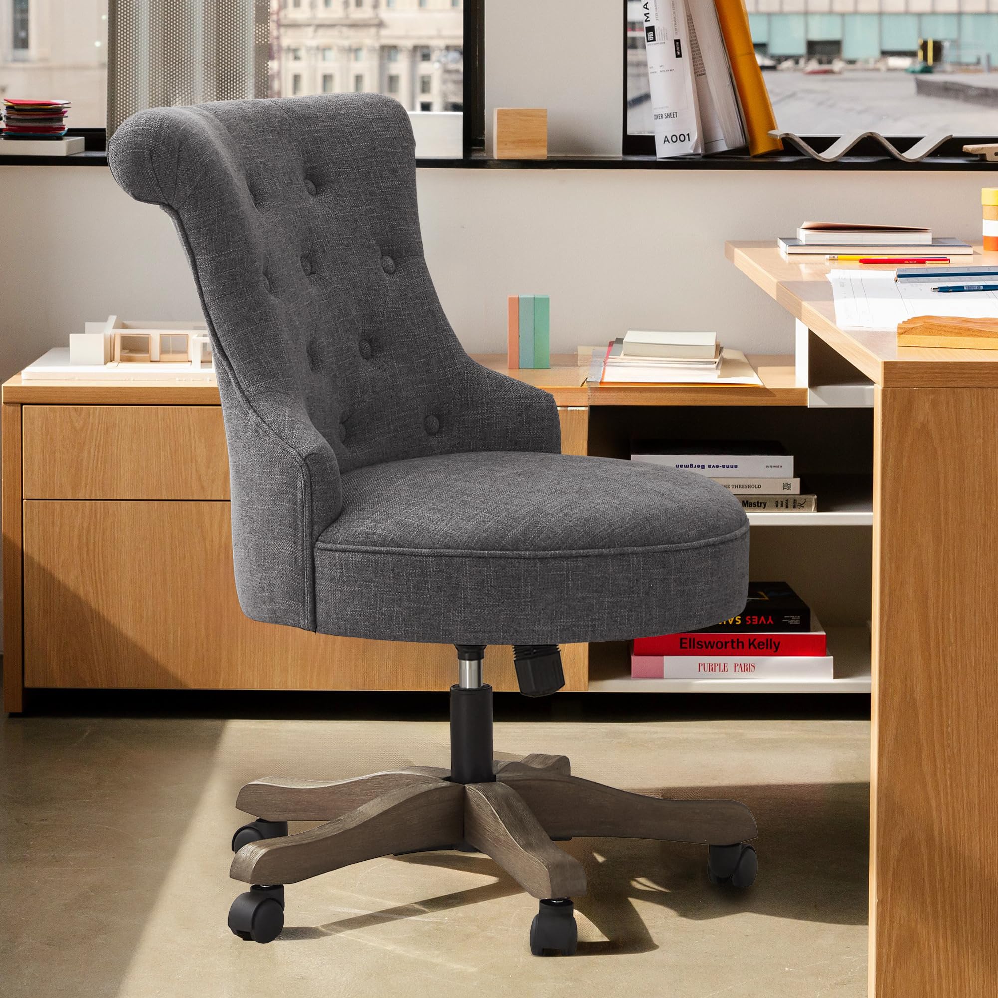 Home Office Chair Upholstered Armless Desk Chair with Wheels Adjustable Height Computer Desk Chair with Wooden Legs Linen Fabric Comfortable Swivel Chairs for Home Office Study Studio (Grey)