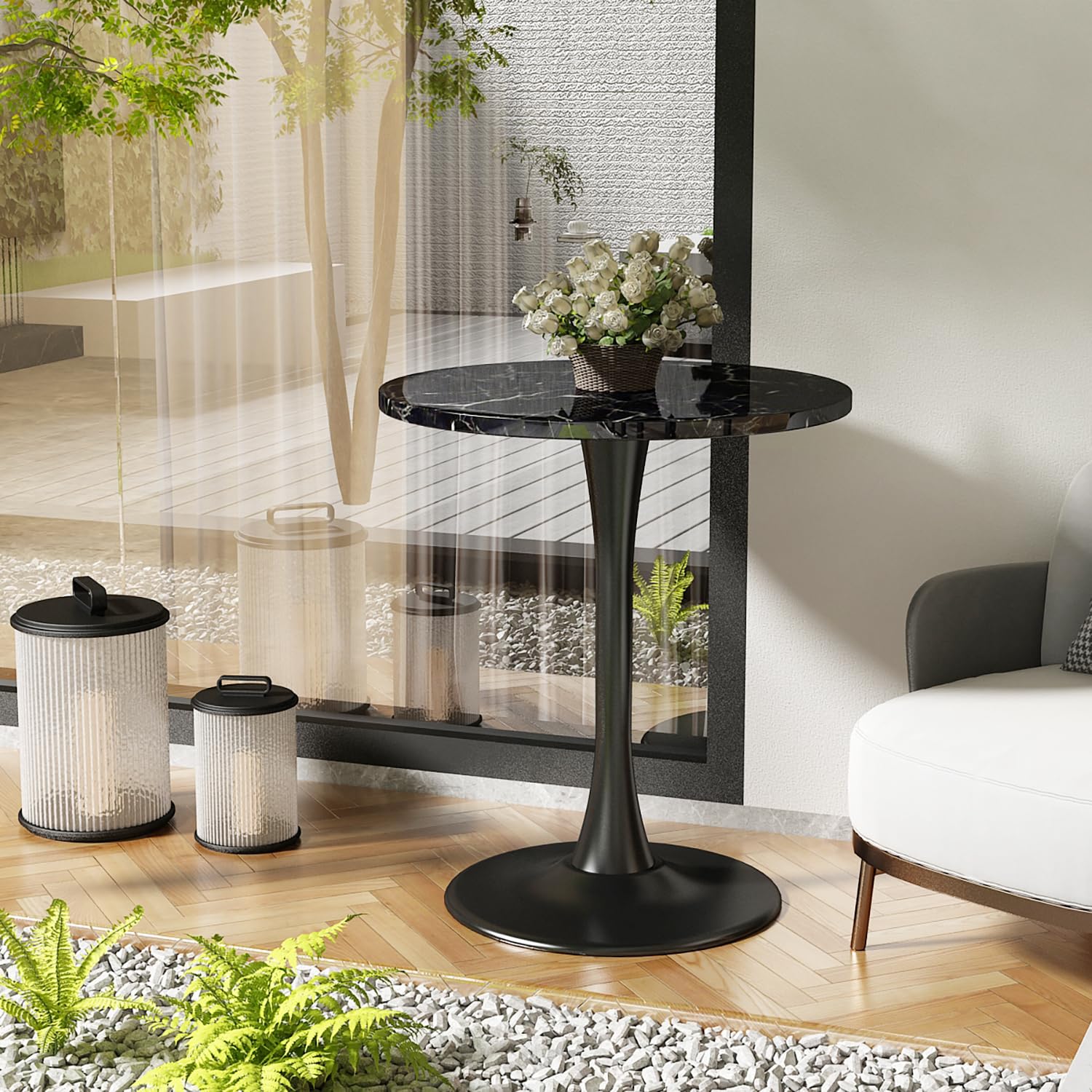 Kasinali Black Marble Round Dining Table 24" Circle Tulip Table with Thickened Tabletop & Sturdy Metal Pedestal Mid Century Modern Leisure Bistro Kitchen Tables 2 People Small Places Living Room Cafe