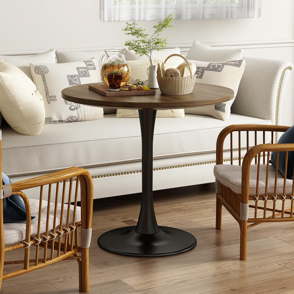 Kasinali Round Dining Table 31.5" Circle Tulip Table with Wood Thickened Tabletop & Sturdy Metal Pedestal Mid Century Modern Farmhouse Kitchen Tables for 4 Small Places Living Room Cafe,Somber Walnut