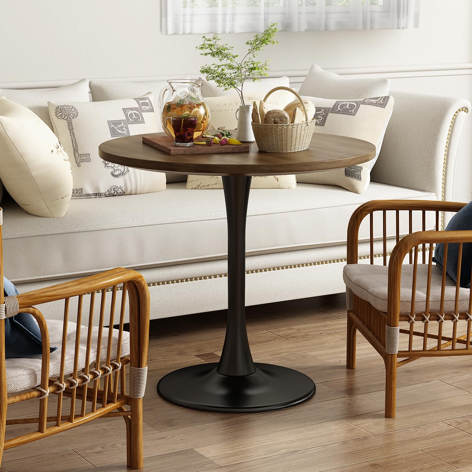 Kasinali Round Dining Table 31.5" Circle Tulip Table with Wood Thickened Tabletop & Sturdy Metal Pedestal Mid Century Modern Farmhouse Kitchen Tables for 4 Small Places Living Room Cafe,Somber Walnut