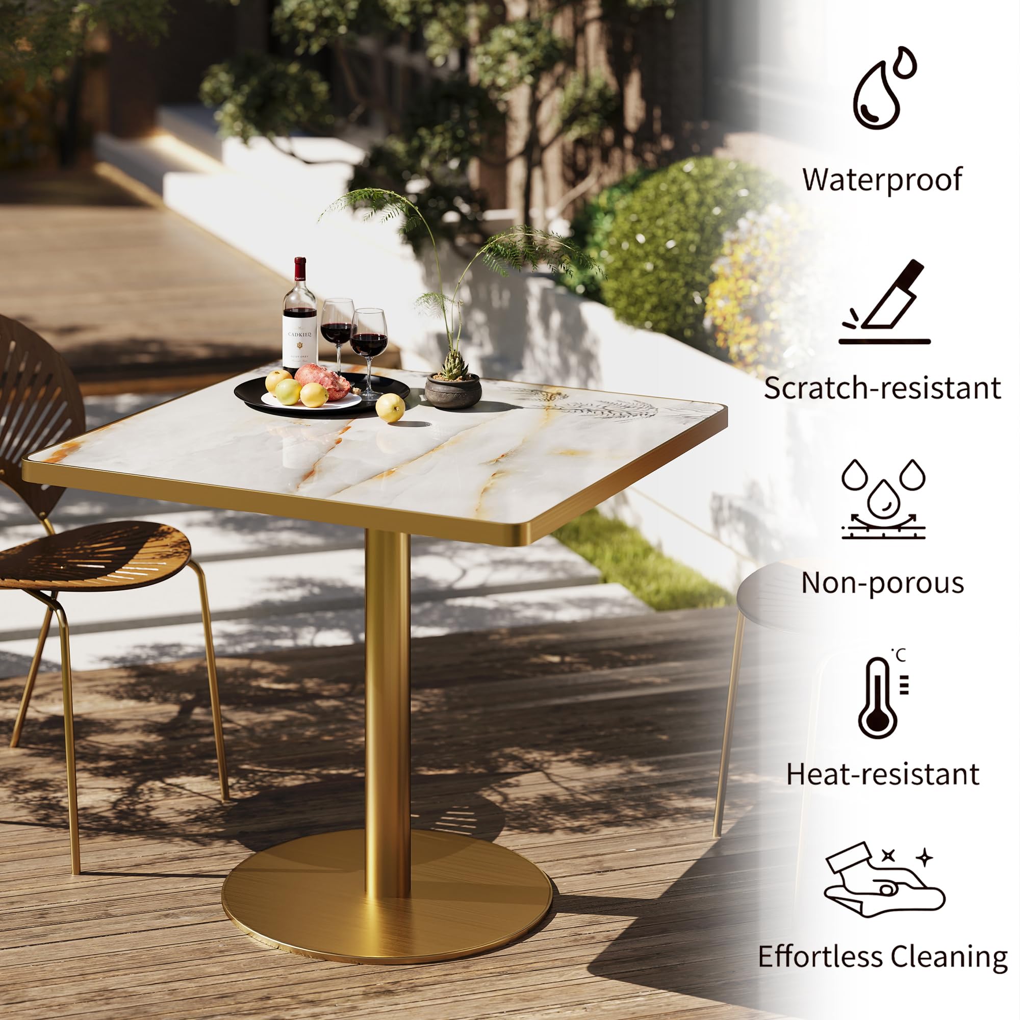 hausway 31.5" Tulip Table,Square Kitchen Dining Table for 2-4 with Thick Sintered Stone Top,Titanium Golden Pedestal Base,Heat-Resistant,Bistro Table for Dining Room,Café,Small Space（Sunrise Strings）