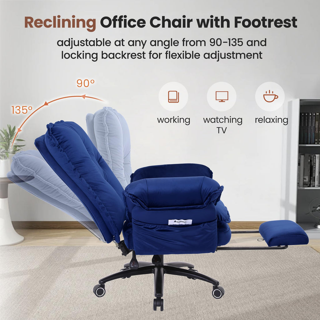 Criss Cross Chair with Adjustable Arms and Foot Rest, Wide Seat Reclining Office Chair with Back and Wheels, Makeup Vanity Chair with Side Pockets, Comfy Velvet Cross Legged Desk Chair, Blue