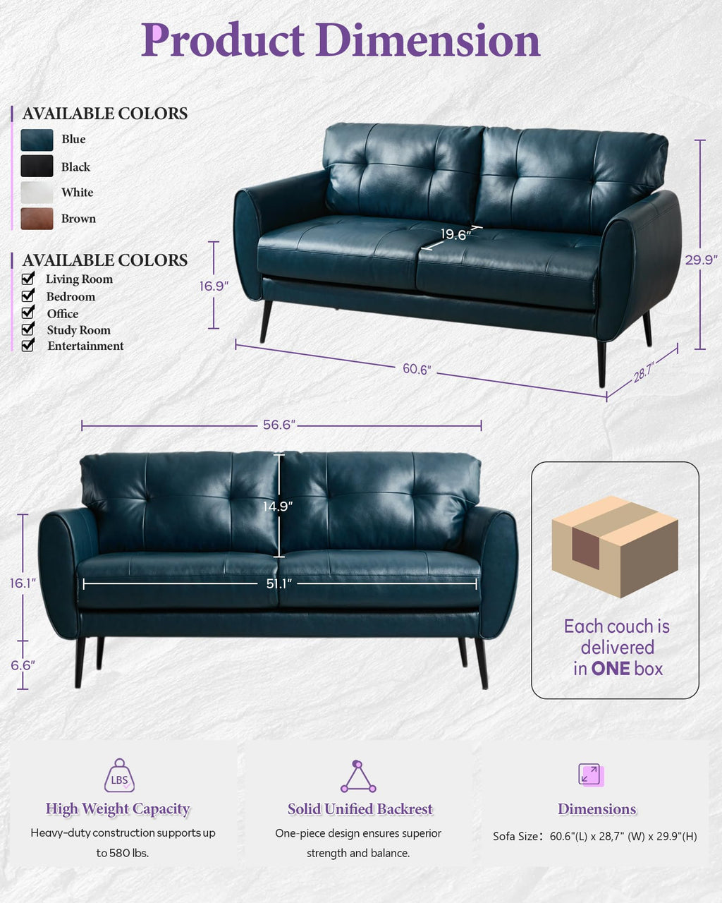 Sofa Couch 61" Small Loveseat Couches for Living Room Blue Leather Couch Mid Century Modern Tufted Mini Sofa Comfy Office 2 Seat Settee Love Seat for Small Spaces Bedroom