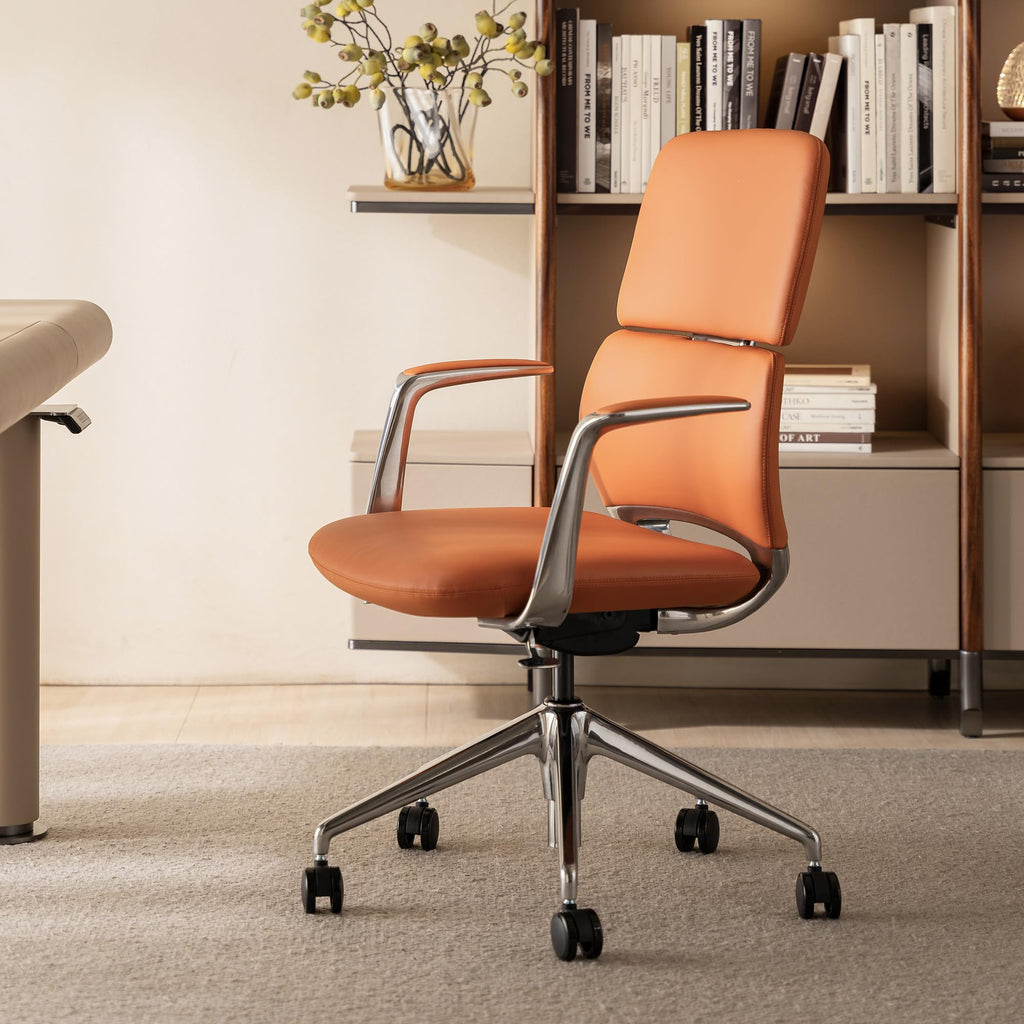 Genuine Leather Office Desk Chair with Wheels, Ergonomic Leather Executive Chair, Mid Back, Swivel Base with Adjustable Tilt, Modern Style, Luxury Aluminum Frame (Orange)