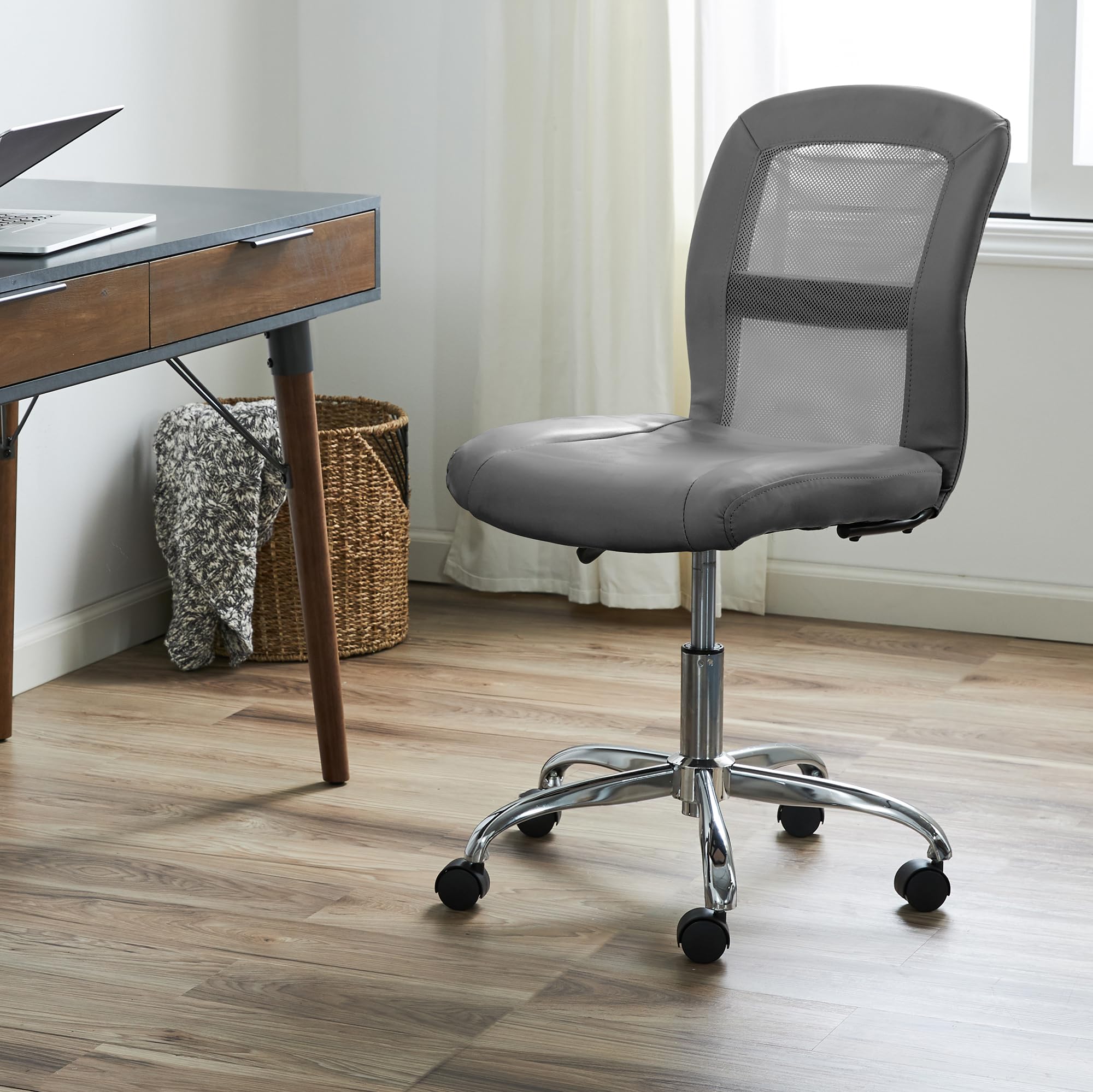 Essential Armless Chair, Small Desk Chairs with Wheels, Breathable Mesh Back and Faux Leather, Quality Foam Cushion Seat for Comfort, Minimal Design for Vanity Table, Gray