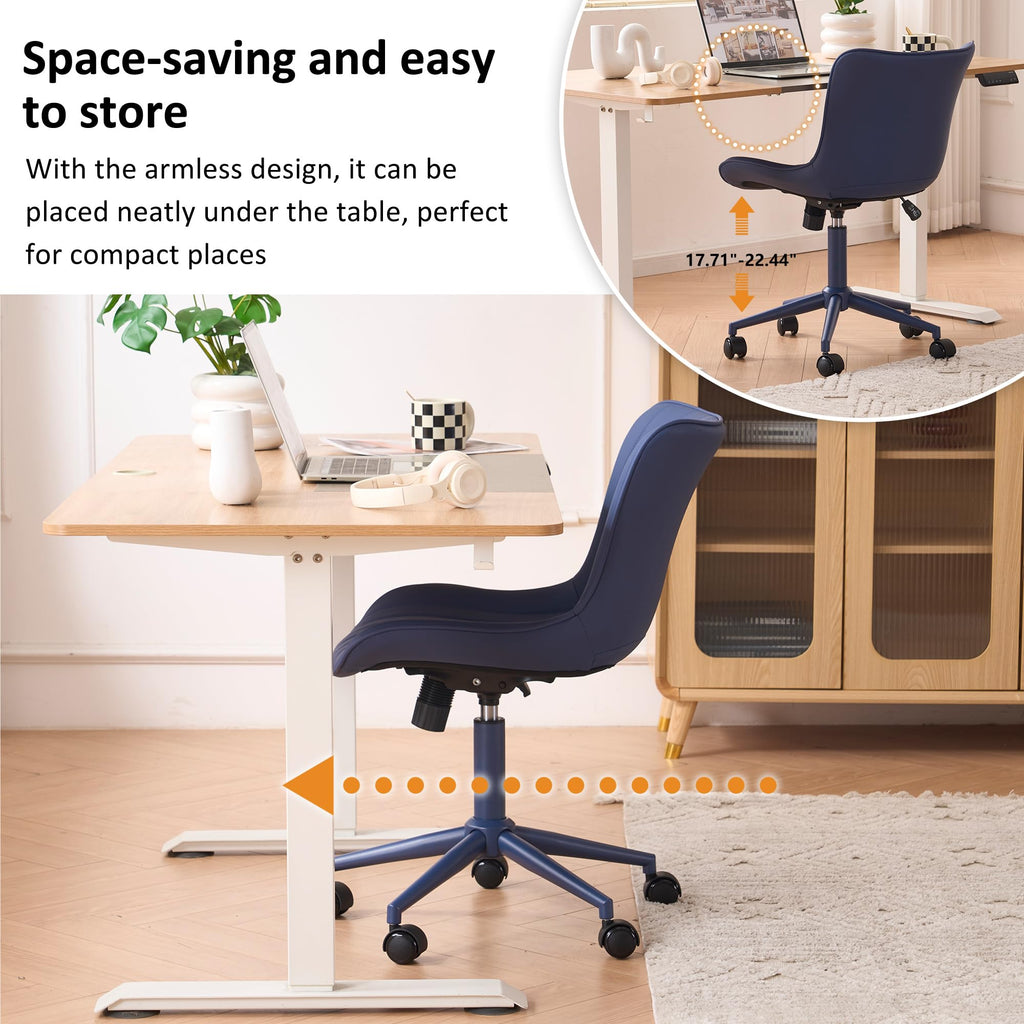 Office Desk Chair with Wheels Armless Vanity Chair with Back Comfy Leather Upholstered Rolling Task Chair Swivel Small Cute Sewing Chair No Arms Wide Ergonomic Mid-Century Modern Navy Blue