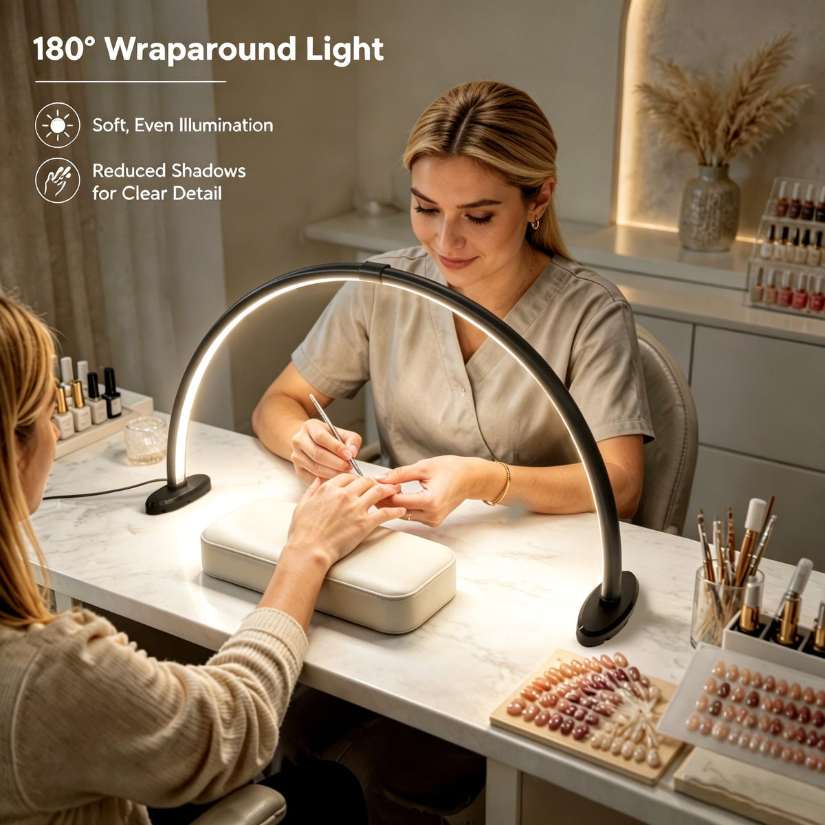 Half Moon Light for Nail Desk,23 Inch Detachable Foldable LED Nail Desk Lamp,3 Modes Color Temperature,0%-100% Stepless Dimming,180°Shadowless Lighting for Nail Art,Eyelash, Makeup,Tattoo(Black)