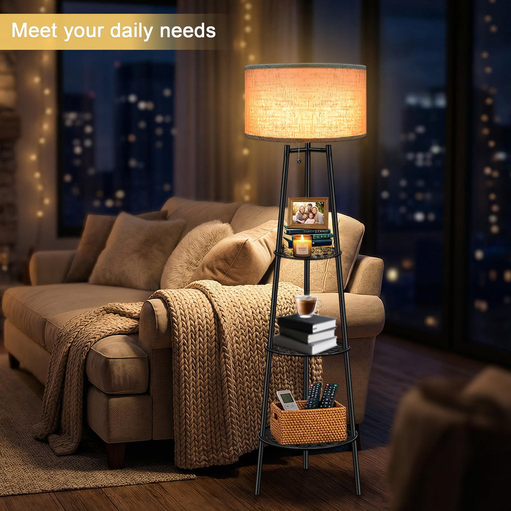 Floor Lamp with Shelves for Living Room， Standing Lamp，Tall Lamp， Amparas Elegantes para Sala with Linen Shade，Modern Floor Lamp for Living Room，Bedroom or Office（Black ）