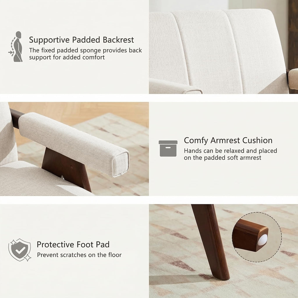 White Mid Century Modern Accent Chair, Solid Wood Frame White Linen Armchairs, Modern Reading & Living Room Chairs for Office Guest & Waiting Room