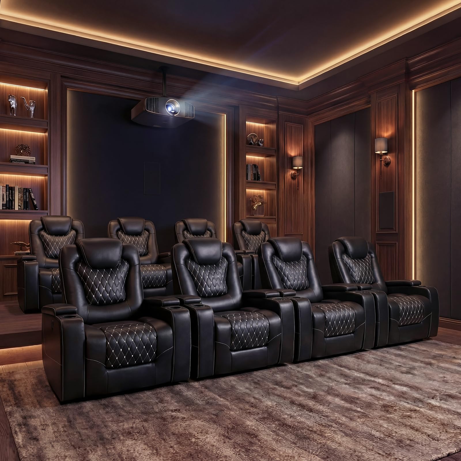 Power Recliner Chair Set of 8, Electric Soft Faux Leather Reclining Home Theater Seating - USB Ports, Cup Holders, Hidden Arm Storage Movie & Media Room Chairs (Black)