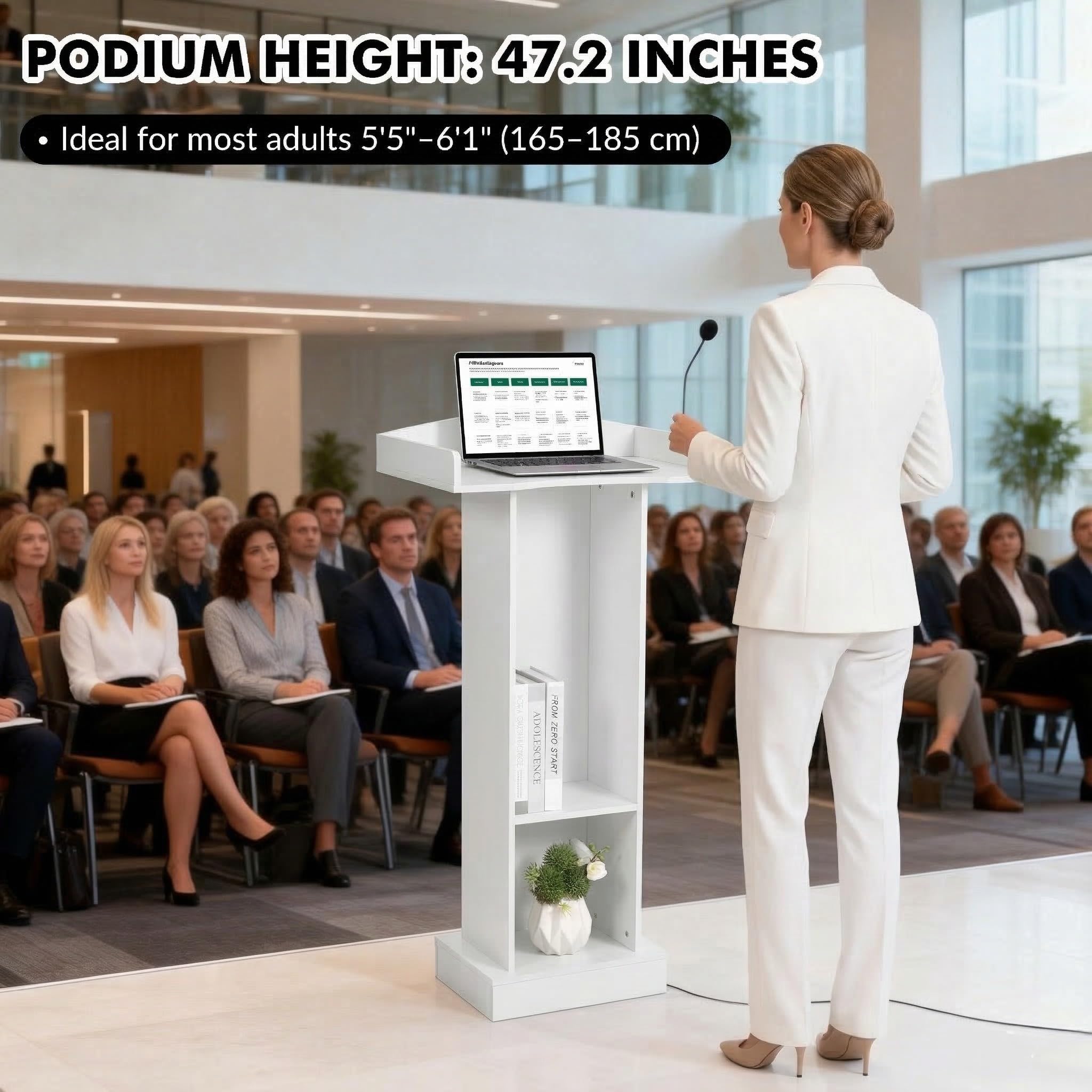 Podium Stand for Lectern Presentation Church Classroom, White Pulpit with Wooden Heavy Base, Podium for Lecture, Wedding Speech