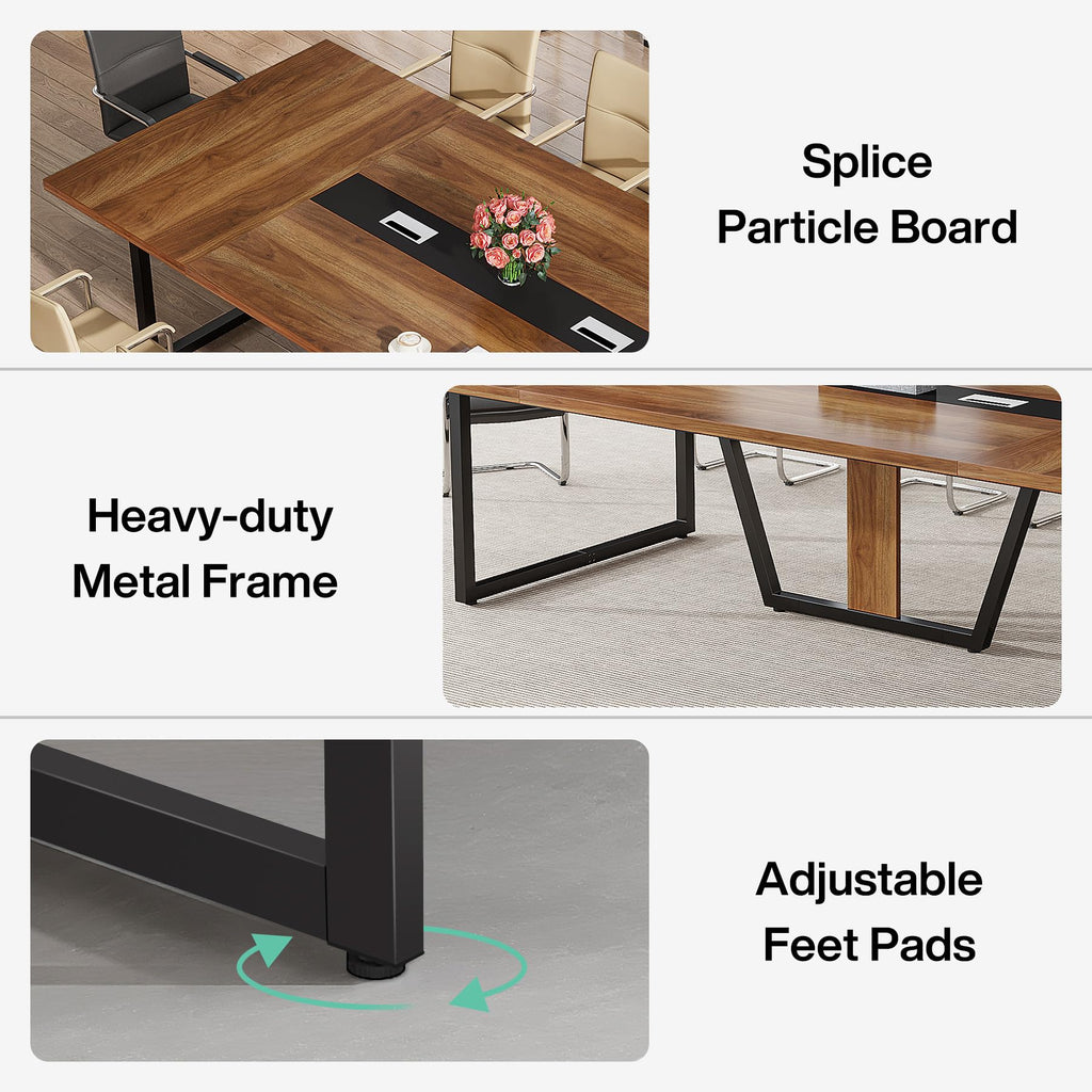 8FT Conference Table, 94.49 L x 47.24 W x 29.53 H Inches Large Meeting Podcast Table for 10 People, Business Style Wooden Training Table with Strong Metal Frame for Office Conference