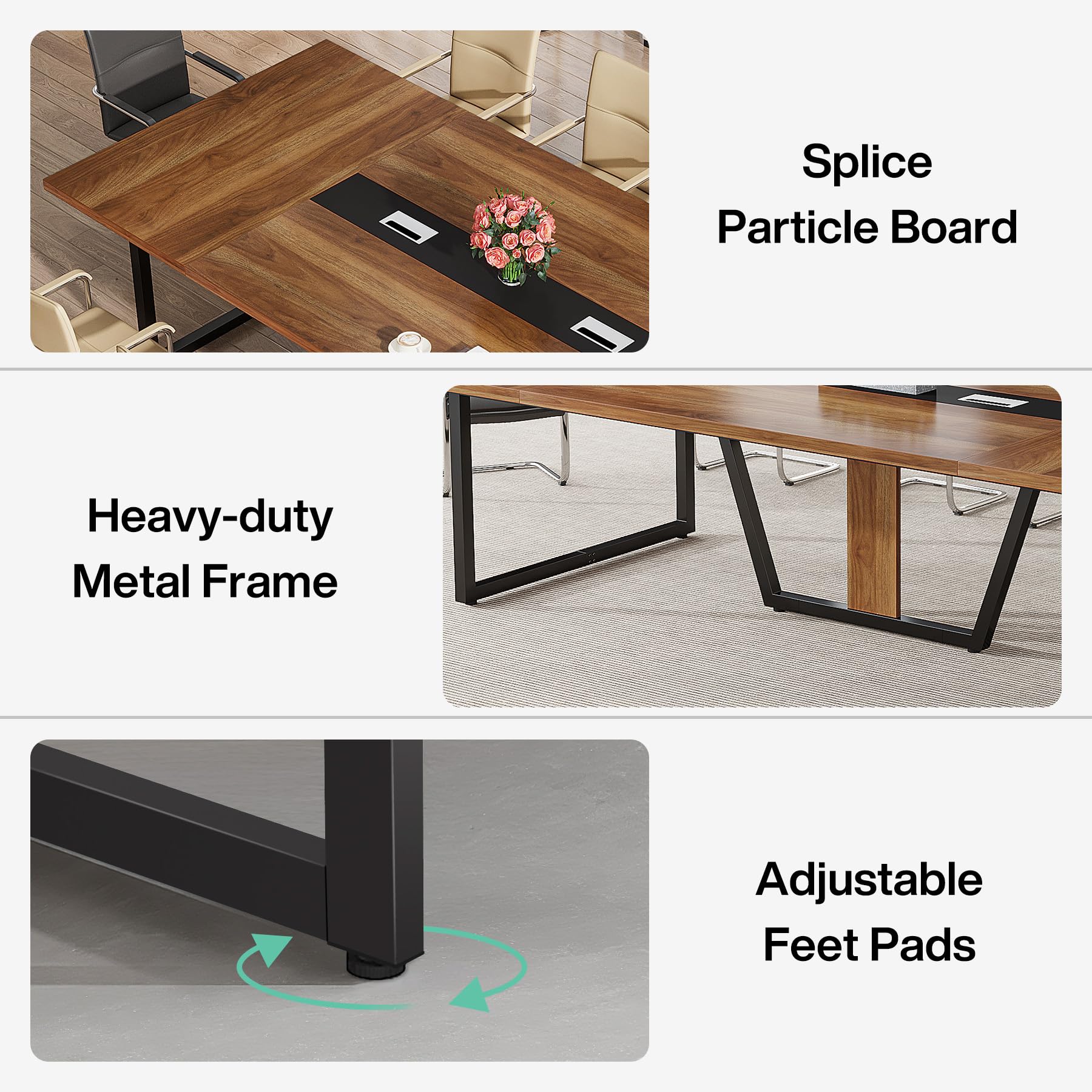 8FT Conference Table, 94.49 L x 47.24 W x 29.53 H Inches Large Meeting Podcast Table for 10 People, Business Style Wooden Training Table with Strong Metal Frame for Office Conference