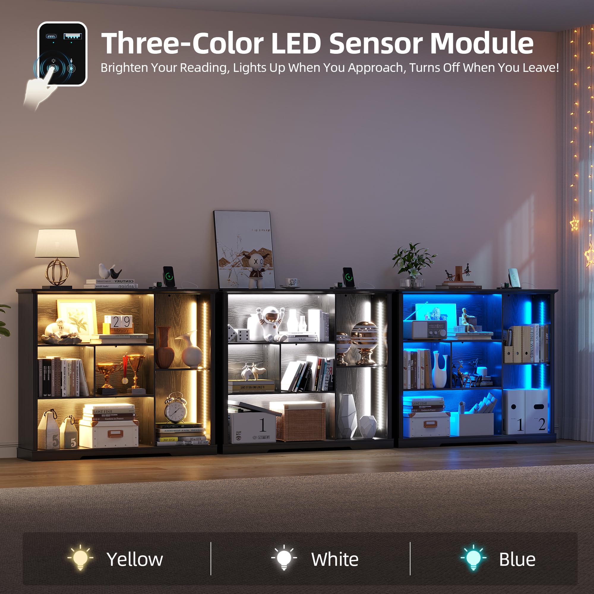 LED Display Bookcase with 3 Tiers and USB Charging - Black