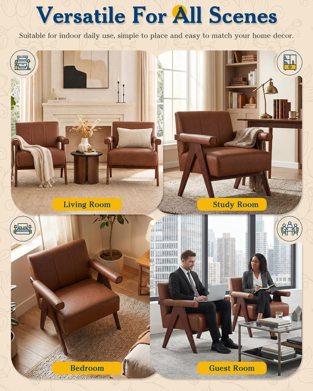 Mid Century Modern Accent Chairs Set of 2, Solid Wood Frame Brown Leather Armchairs, Modern Reading & Living Room Chairs for Office Guest & Waiting Room