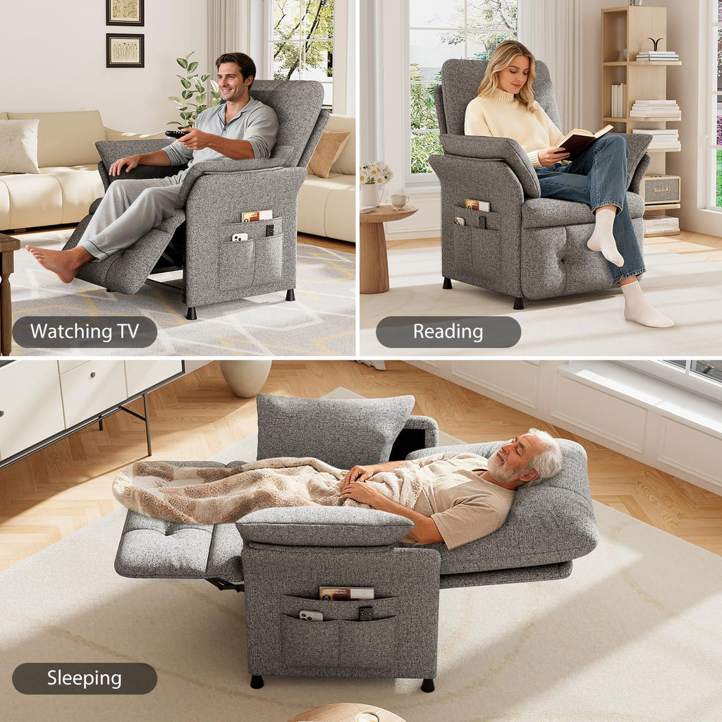 Power Recliner Chair for Adults with Heat & Massage - Linen Electric Reclining Sofa with Remote Control, 3 Side Pockets, 180° Lay Sleeper for Living Room Home Theater, Light Grey