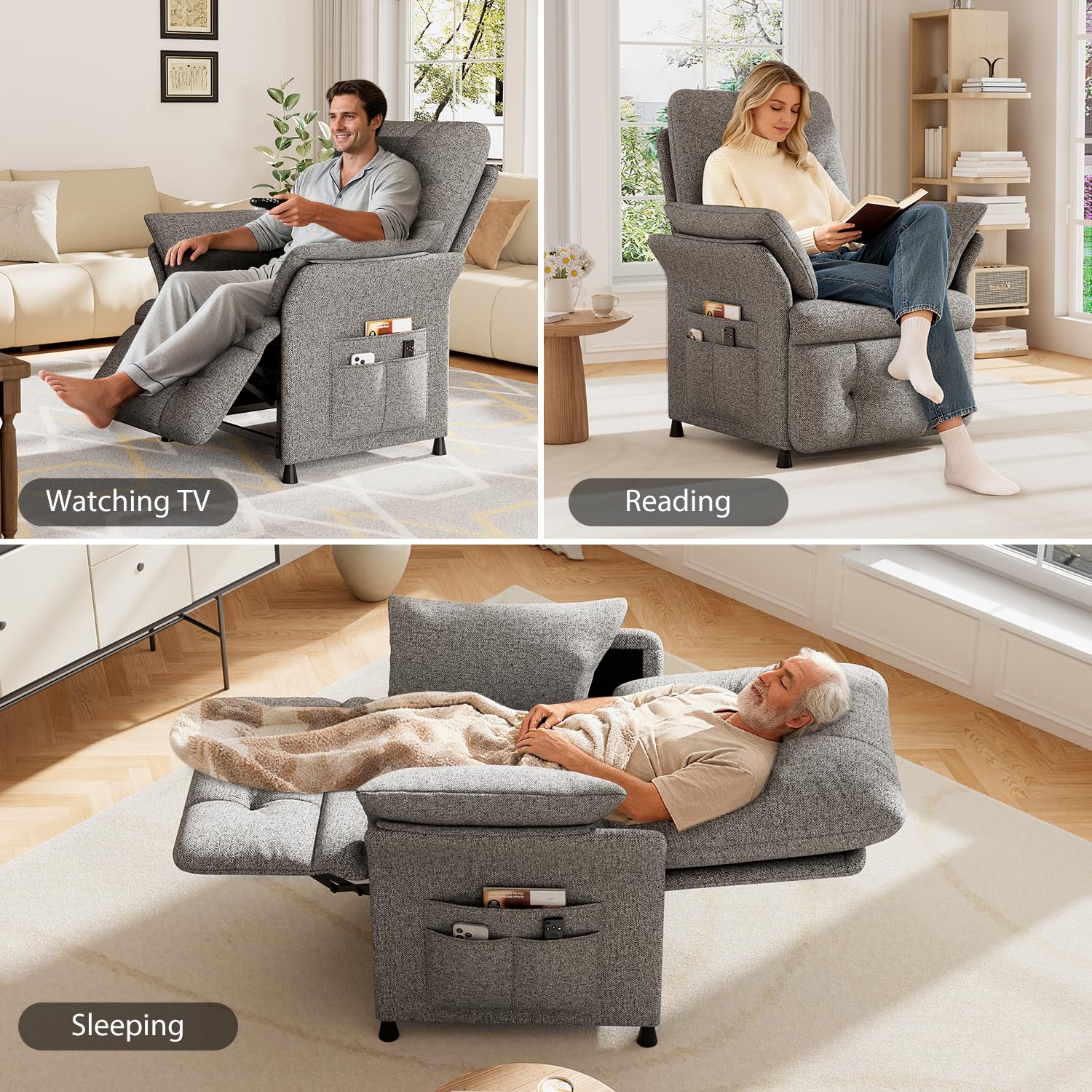 Power Recliner Chair for Adults with Heat & Massage - Linen Electric Reclining Sofa with Remote Control, 3 Side Pockets, 180° Lay Sleeper for Living Room Home Theater, Light Grey