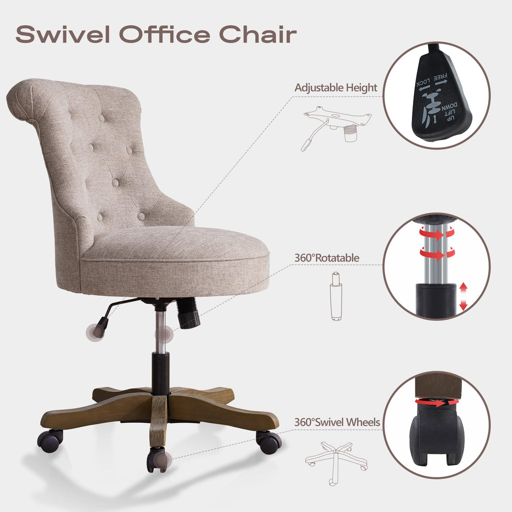 Home Office Chair Upholstered Armless Linen Fabric Desk Chair with Wheels Adjustable Height Computer Desk Chair with Wooden Legs No Arms Swivel Chairs for Farmhouse Women Study Studio (Brown)