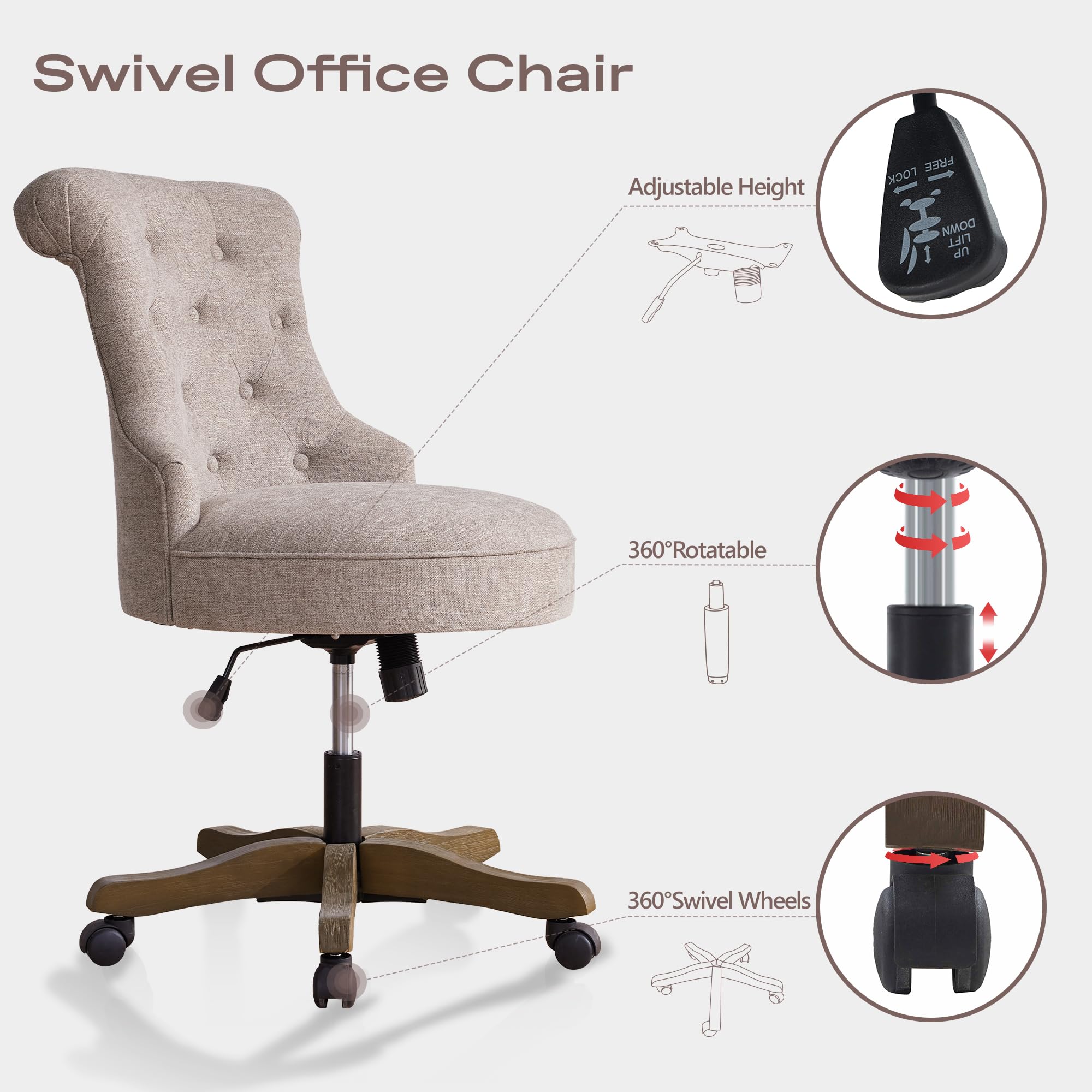 Home Office Chair Upholstered Armless Linen Fabric Desk Chair with Wheels Adjustable Height Computer Desk Chair with Wooden Legs No Arms Swivel Chairs for Farmhouse Women Study Studio (Brown)