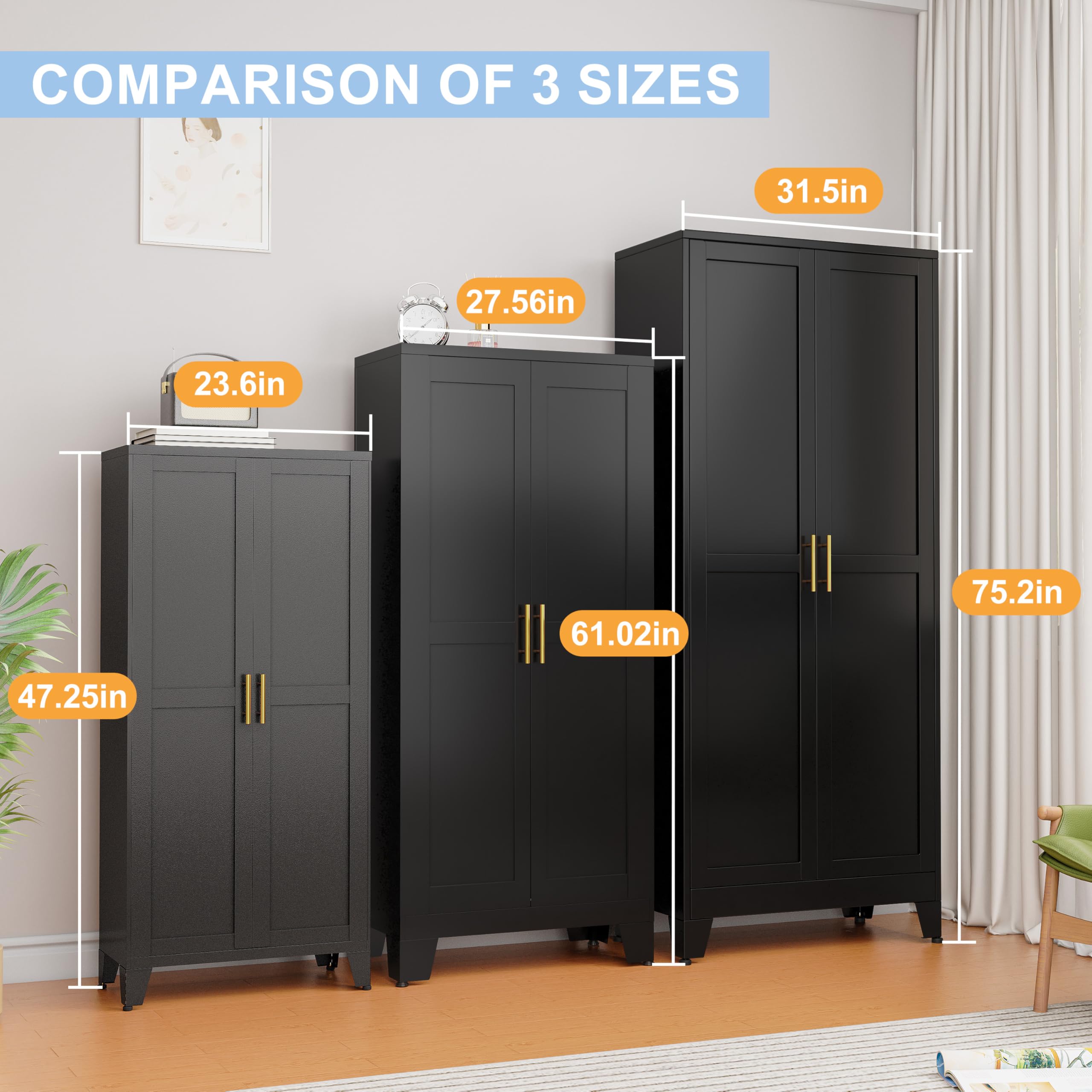 Black Pantry Cabinets, 48" Metal Storage Cabinet for Office
