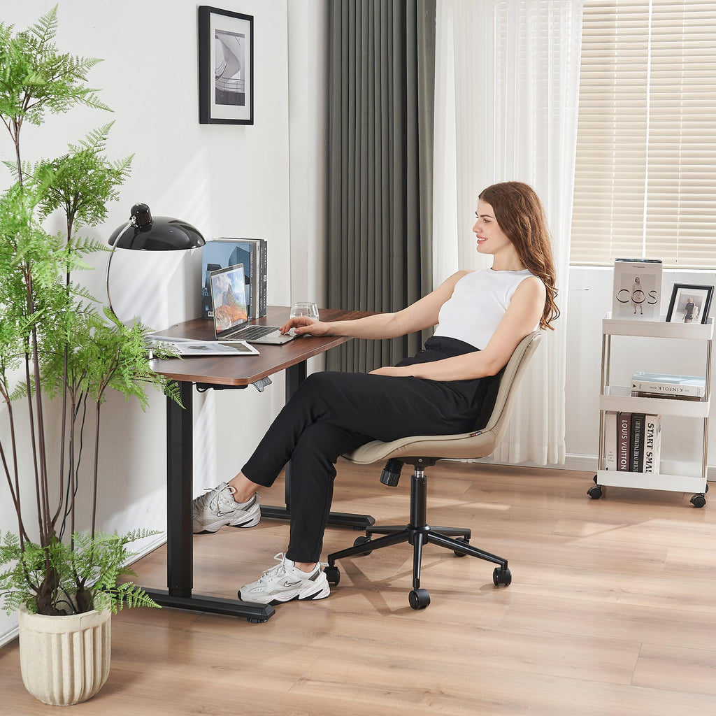 Khaki Comfy Home Office Desk Chair with Wheels Armless Vanity Chair with Back Ergonomic Modern Leather Upholstered Rolling Task Chair Small Cute Sewing Chair No Arms Wide Swivel Adjustable