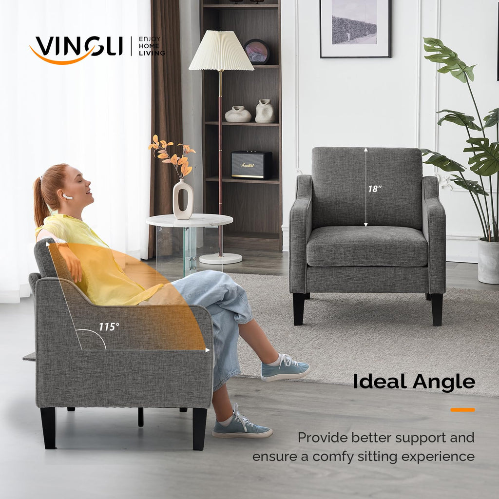 Mid Century Modern Accent Chair - Soft Chenille Upholstered Comfy Armchair for Living Room, Bedroom, Home Office, Apartment, Studio (Light Grey)