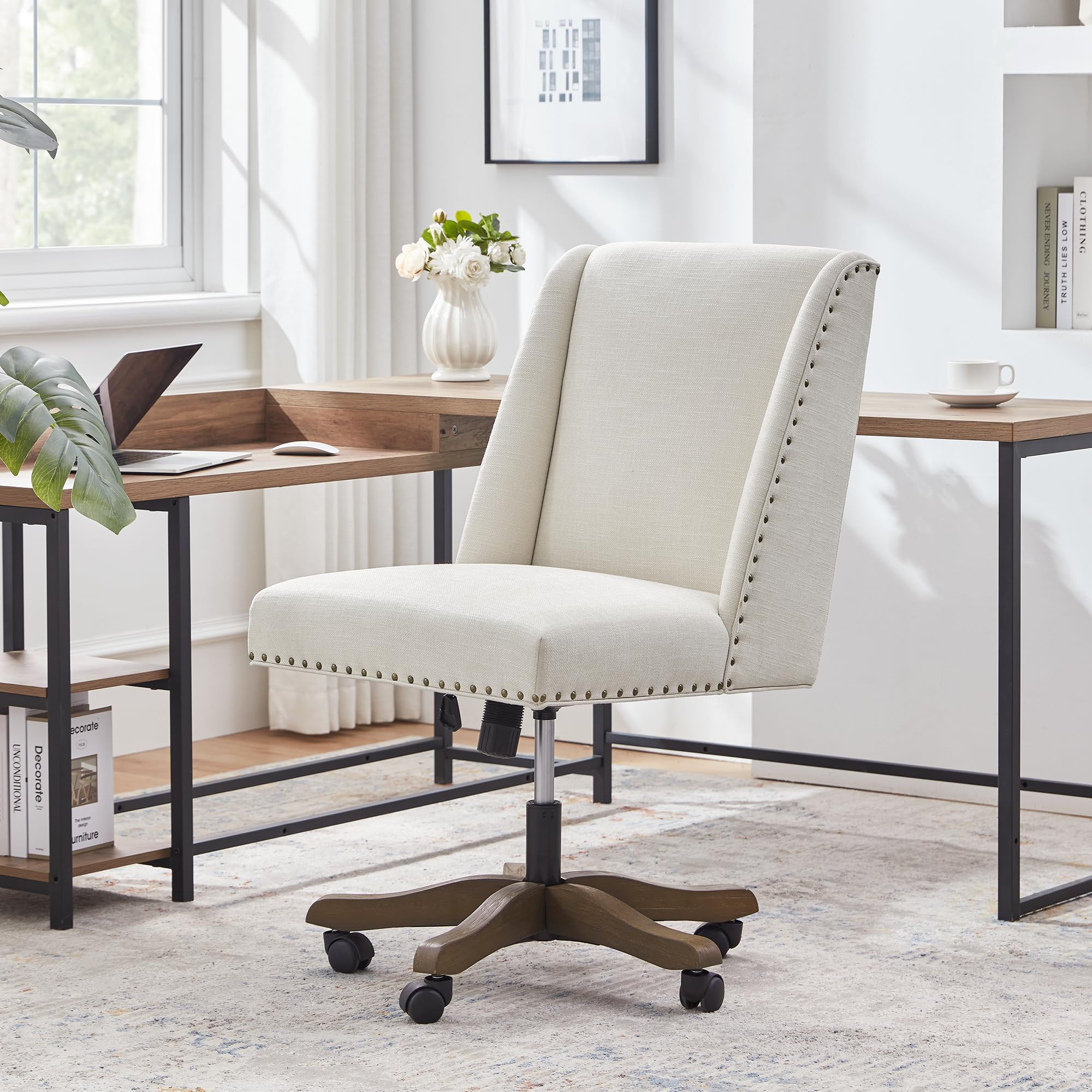 Armless Upholstered Office Chair with Wooden Legs, Modern Criss Cross Adjustable Home Office Desk Chair No Arms Sewing Chair Swivel Chair for Women Farmhouse Study Studio (Beige)