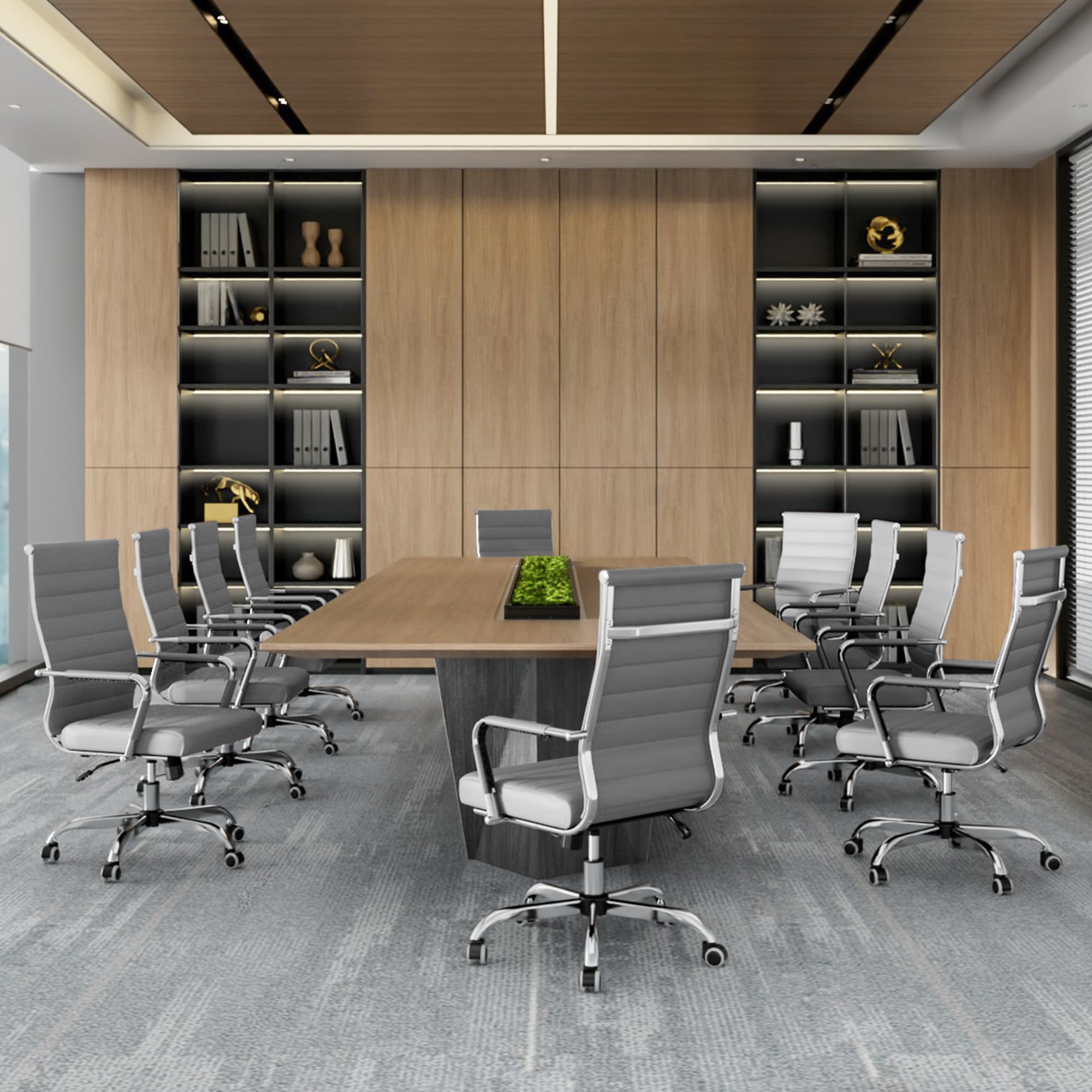 Grey Office Desk Chair, Ergonomic Leather Modern Conference Room Chairs, Executive Ribbed Adjustable Swivel Rolling Chair for Home Office.