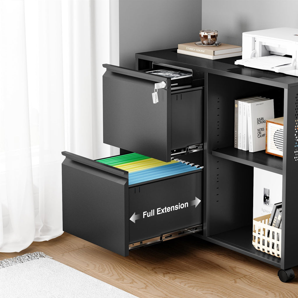 Mobile File Cabinet with Side Hook, 2 Drawer Lateral File Cabinet with Lock fits A4/Letters/Legal Size for Home Office,Metal Rolling Printer Stand with Open Storage Adjustable Shelves(Black)