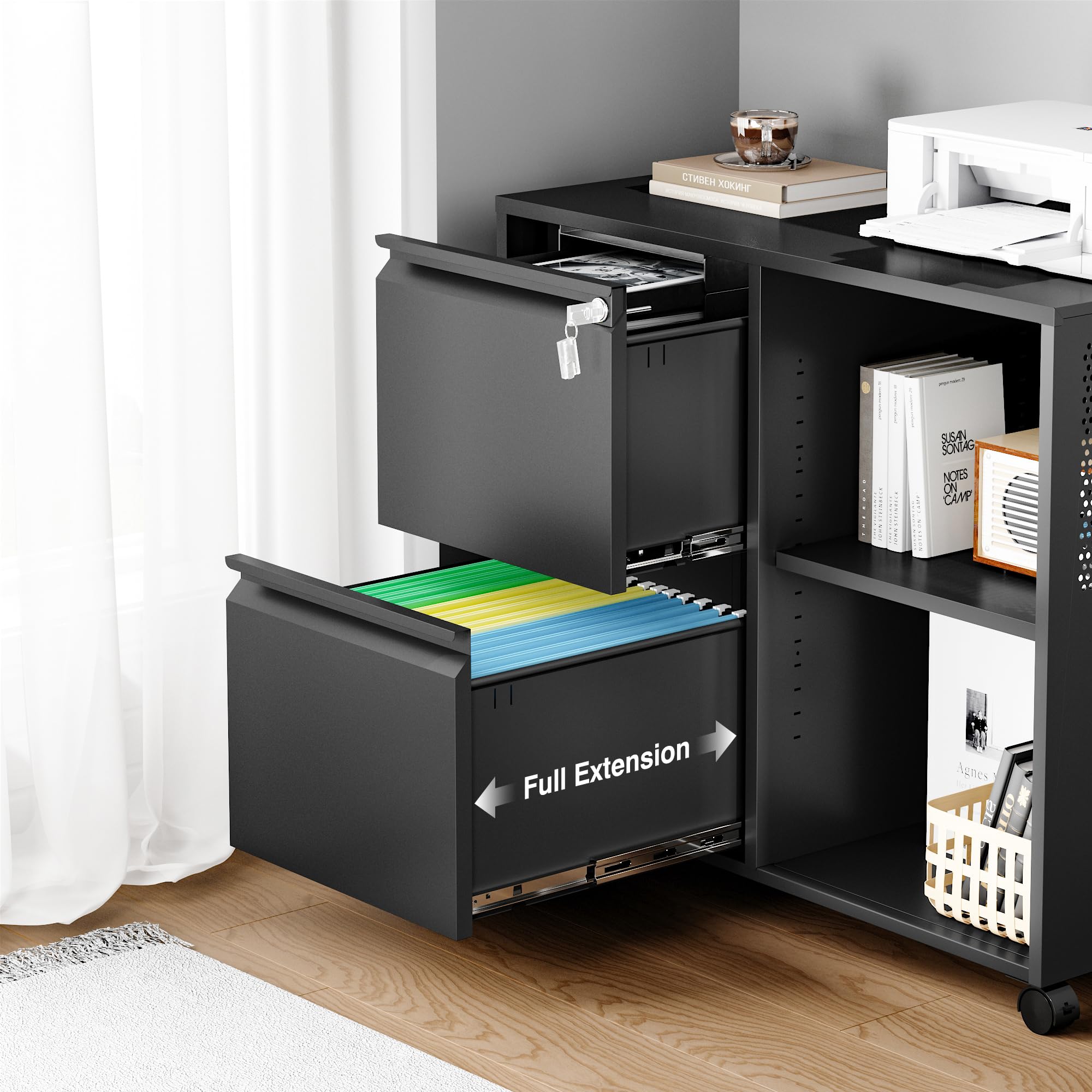 Mobile File Cabinet with Side Hook, 2 Drawer Lateral File Cabinet with Lock fits A4/Letters/Legal Size for Home Office,Metal Rolling Printer Stand with Open Storage Adjustable Shelves(Black)