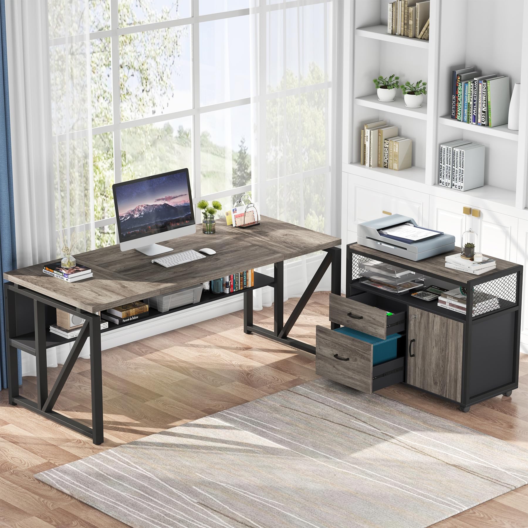 63" Executive Computer Desk and lateral File Cabinet, 2 Piece Home Office Furniture with Drawers for Hanging File, Doors with Locks (Gray, 63 inches)