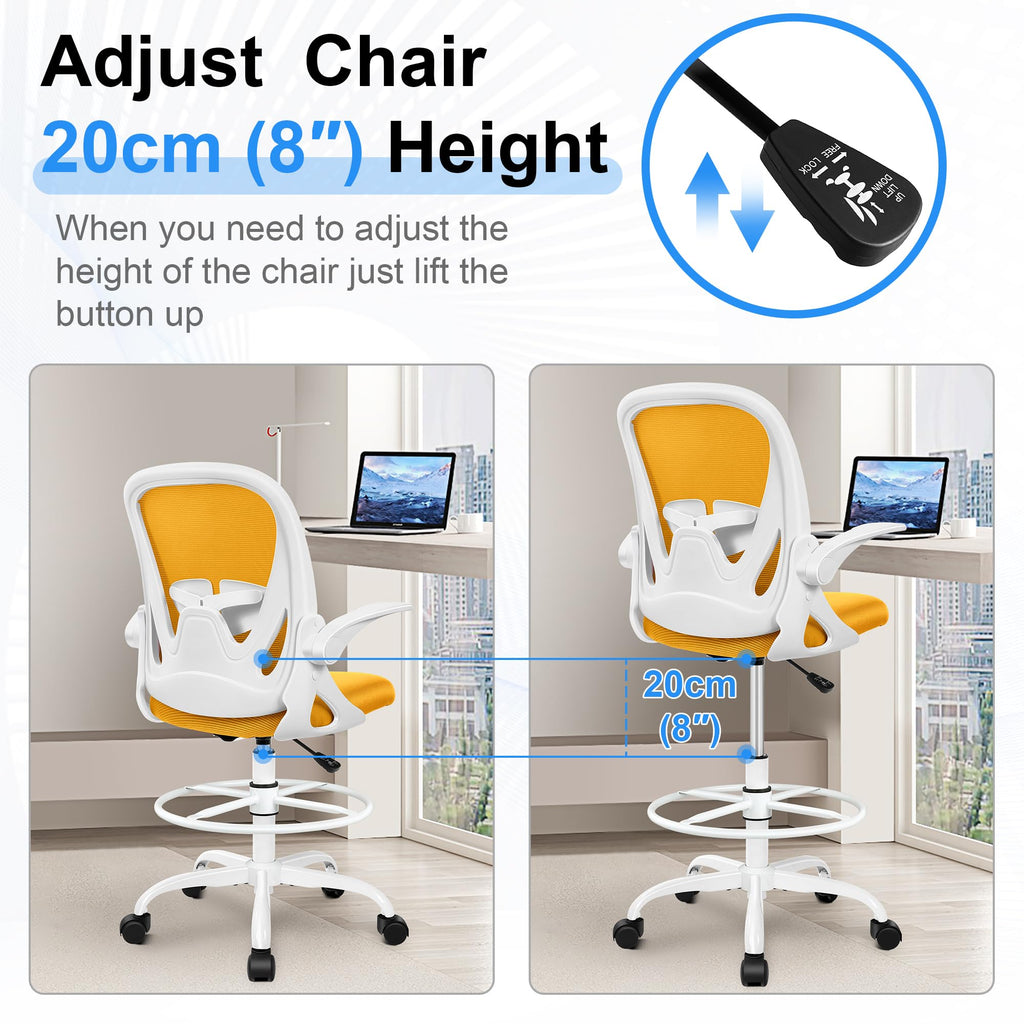 Drafting Chair Tall Office Chair with Flip-up Armrests Executive Ergonomic Computer Standing Desk Chair with Lumbar Support and Adjustable Footrest Ring (Mustard)