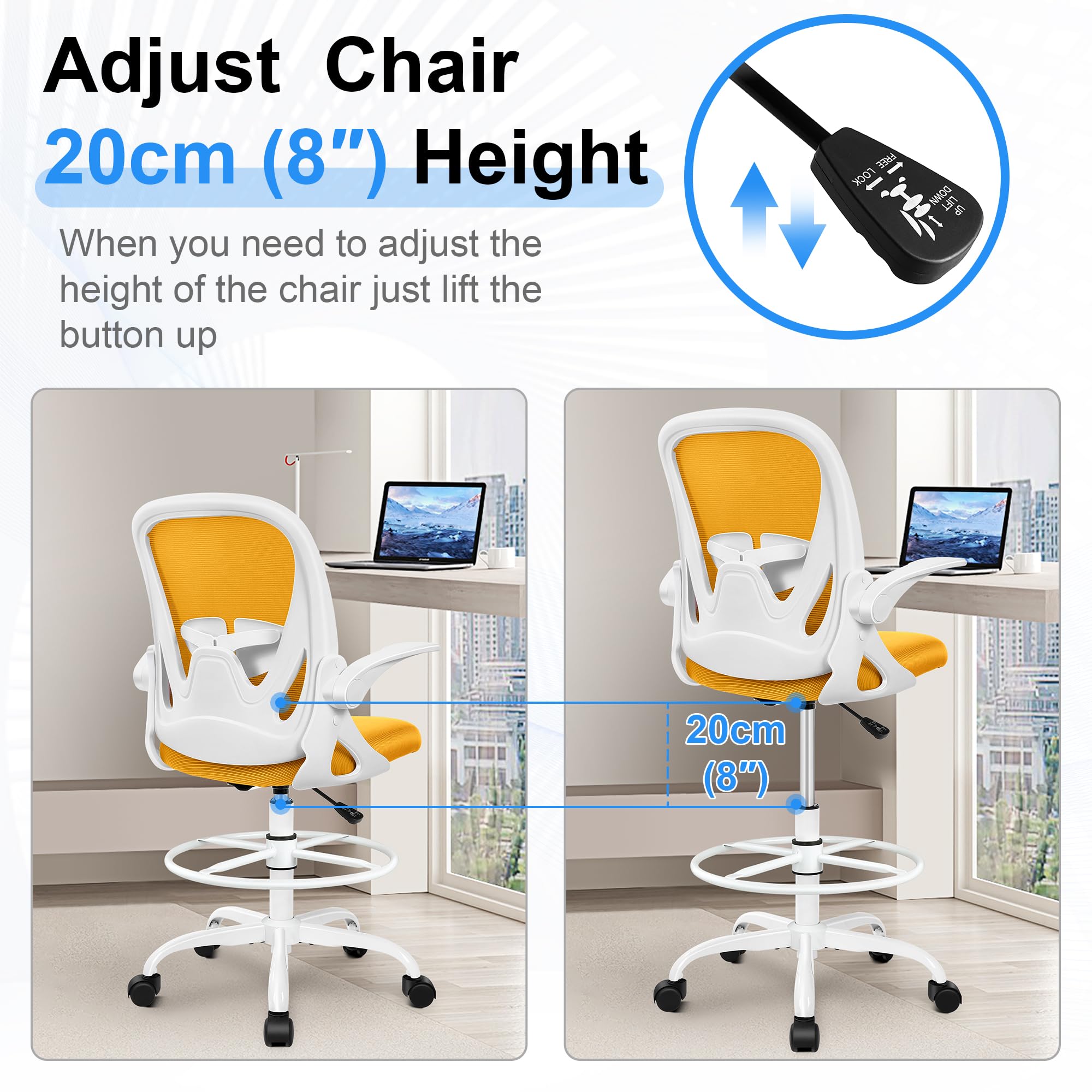 Drafting Chair Tall Office Chair with Flip-up Armrests Executive Ergonomic Computer Standing Desk Chair with Lumbar Support and Adjustable Footrest Ring (Mustard)