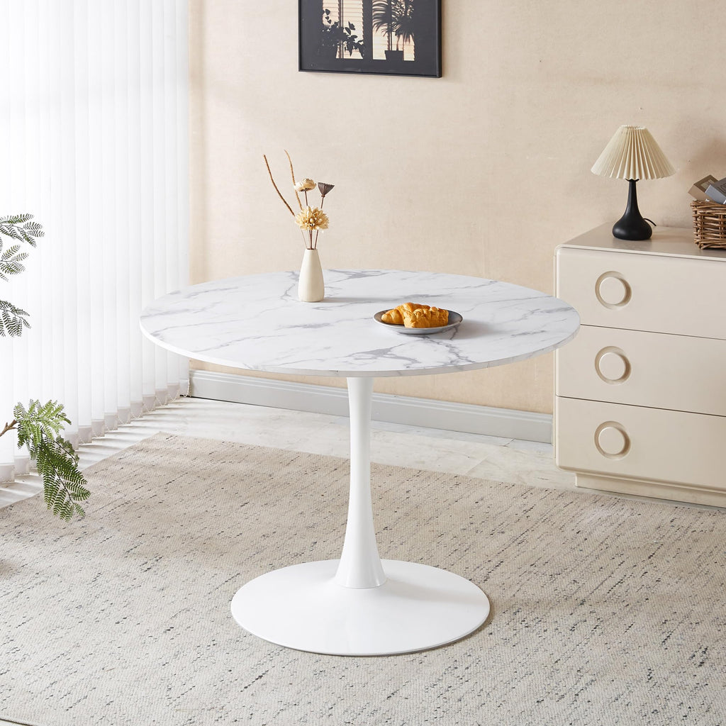 Sybrioka 42" Tulip Table for 4-6 Persons Modern Round Dining Table, Mid-Century Modern White Marble Small Kitchen Table with MDF Wooden Top, Leisure Coffee Table for Living Room, Dining Room, Office