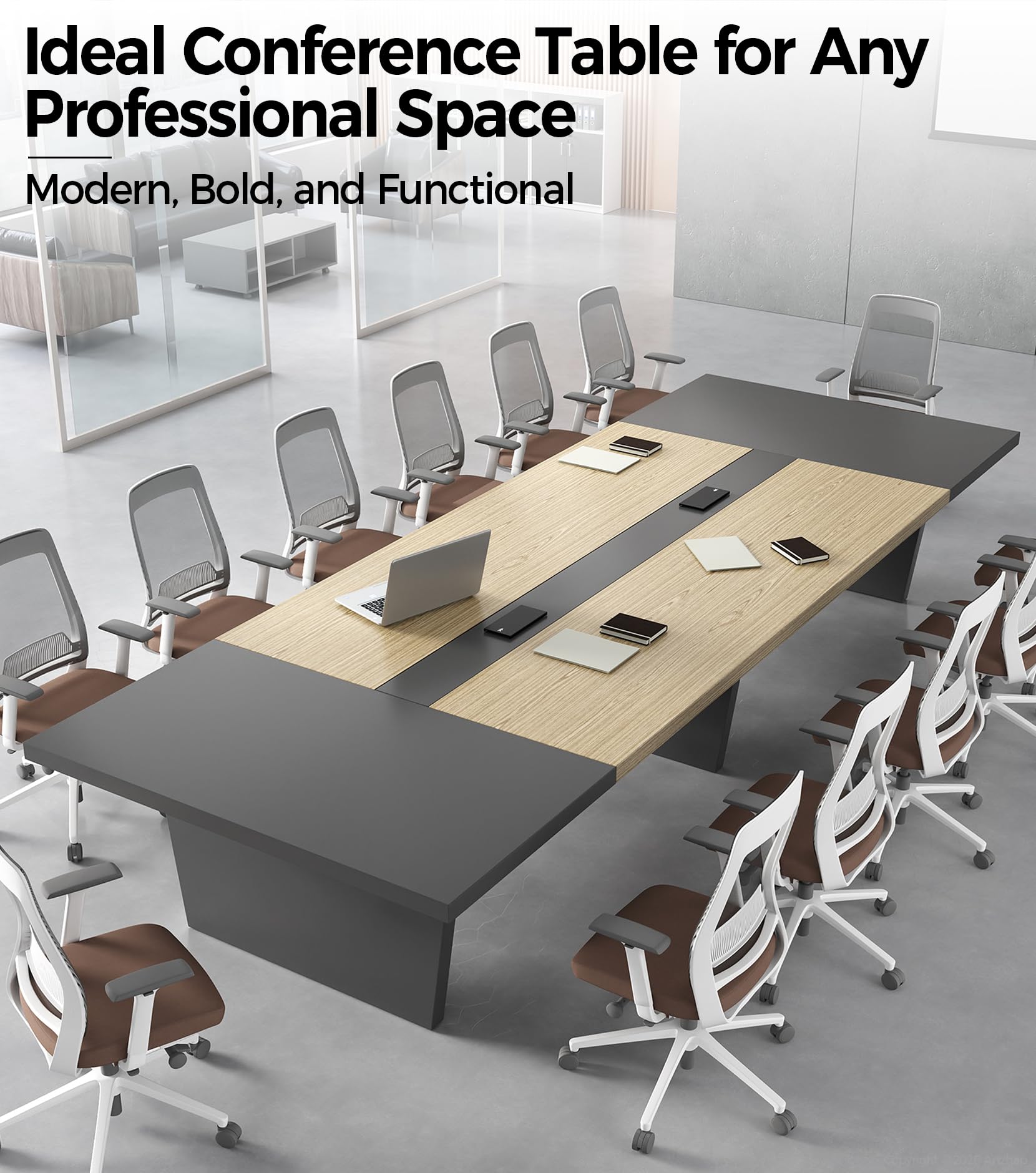 10FT Conference Table for 10 People, Executive Office Table, Rectangular Boardroom Meeting Table with Built-in Power Outlets & USB Ports, 2" Thick Tabletop (Oak & Gray, 118" L * 51" W * 30" H)