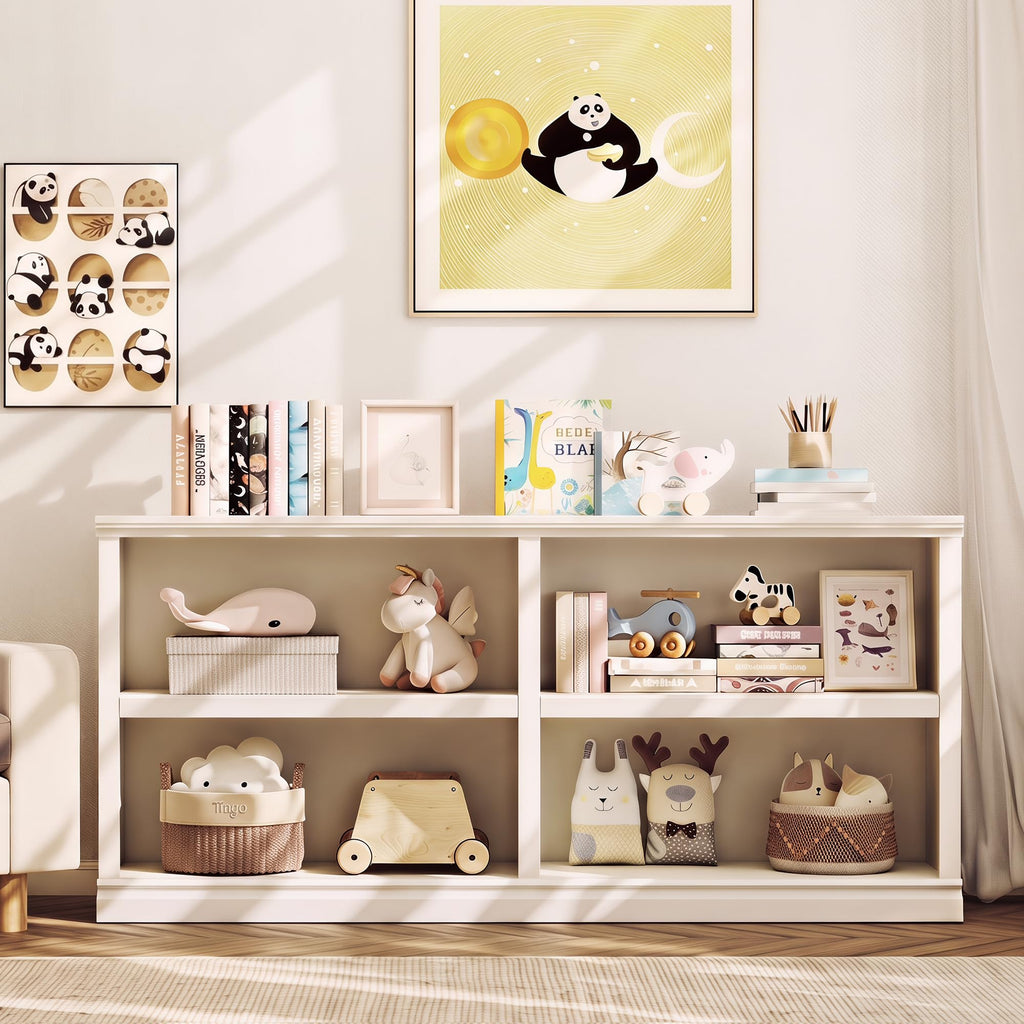64" W Double Wide Horizontal Bookshelf, 2 Tiers 4 Storage Cube Book Case