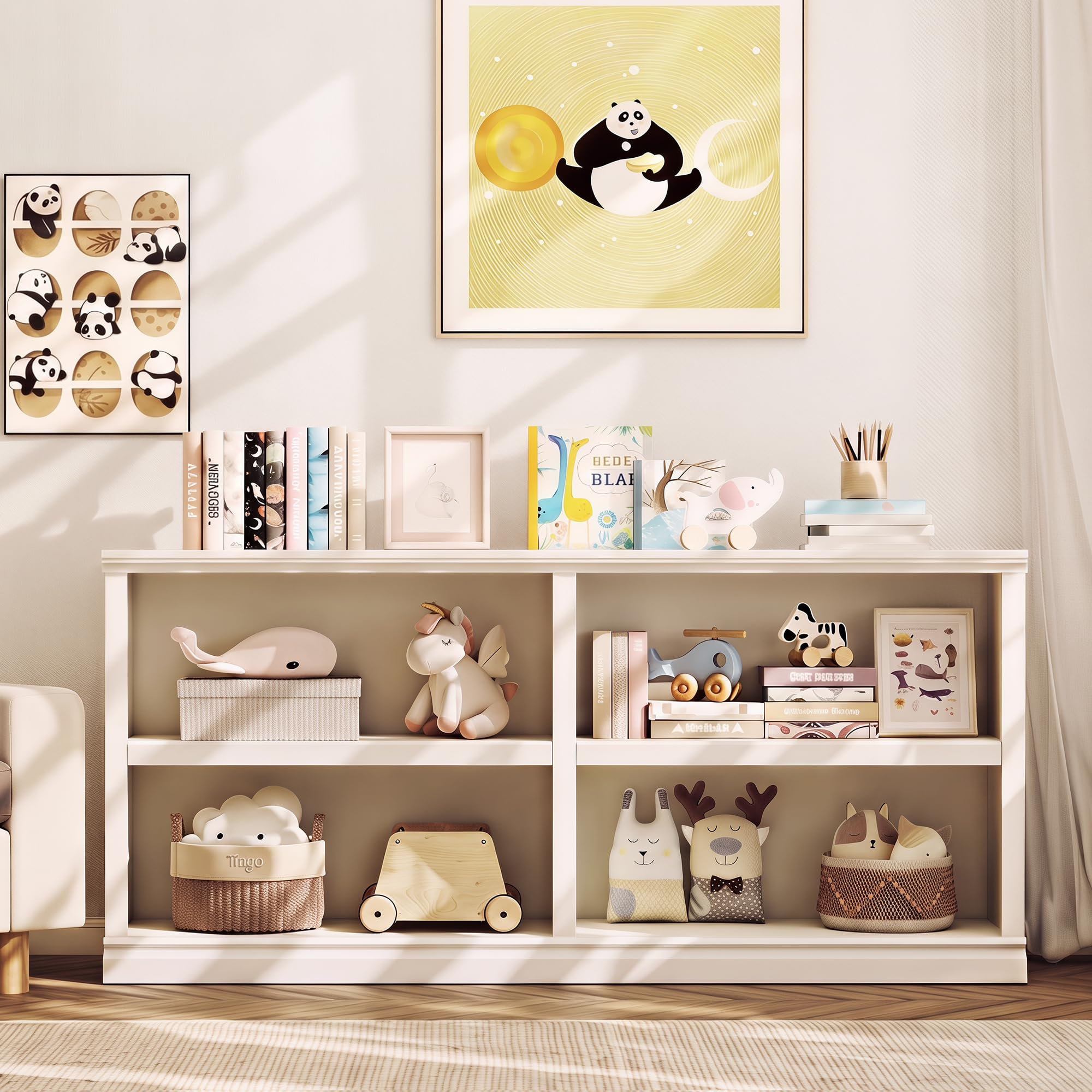 64" W Double Wide Horizontal Bookshelf, 2 Tiers 4 Storage Cube Book Case
