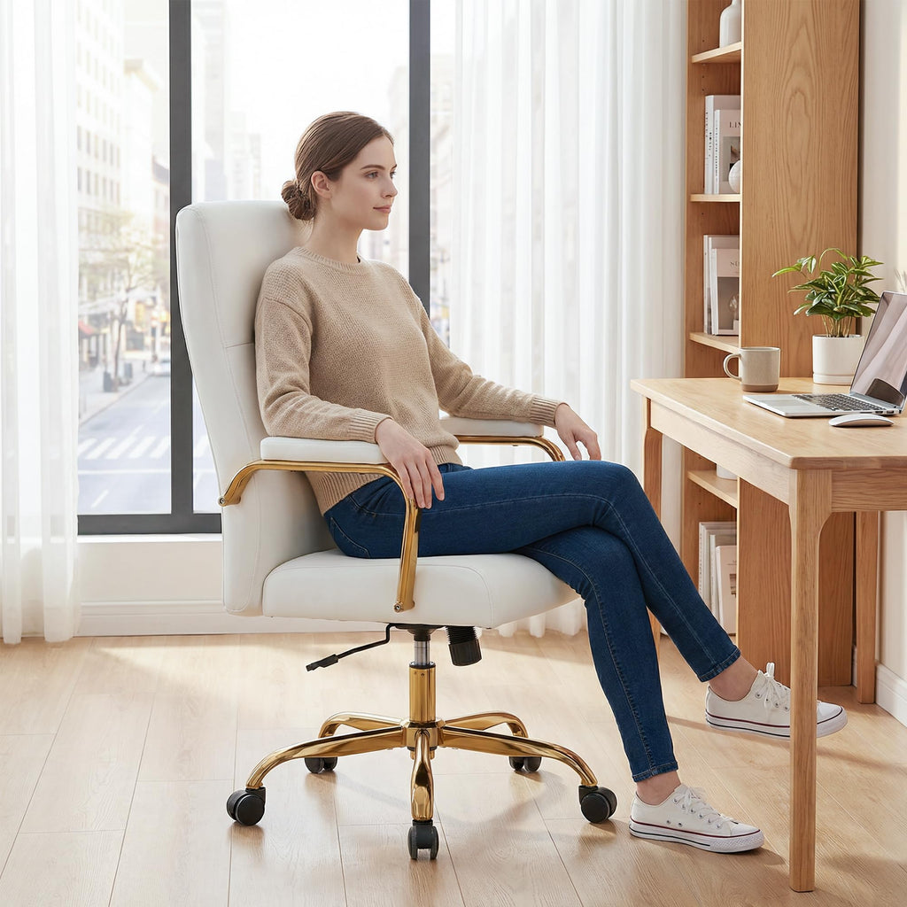 White and Gold Office Desk Chair,Leather Conference Room Chairs with Wheels,Modern High Back Executive Office Chair with Memory Foam,Ergonomic Swivel Computer Chair for Home Office
