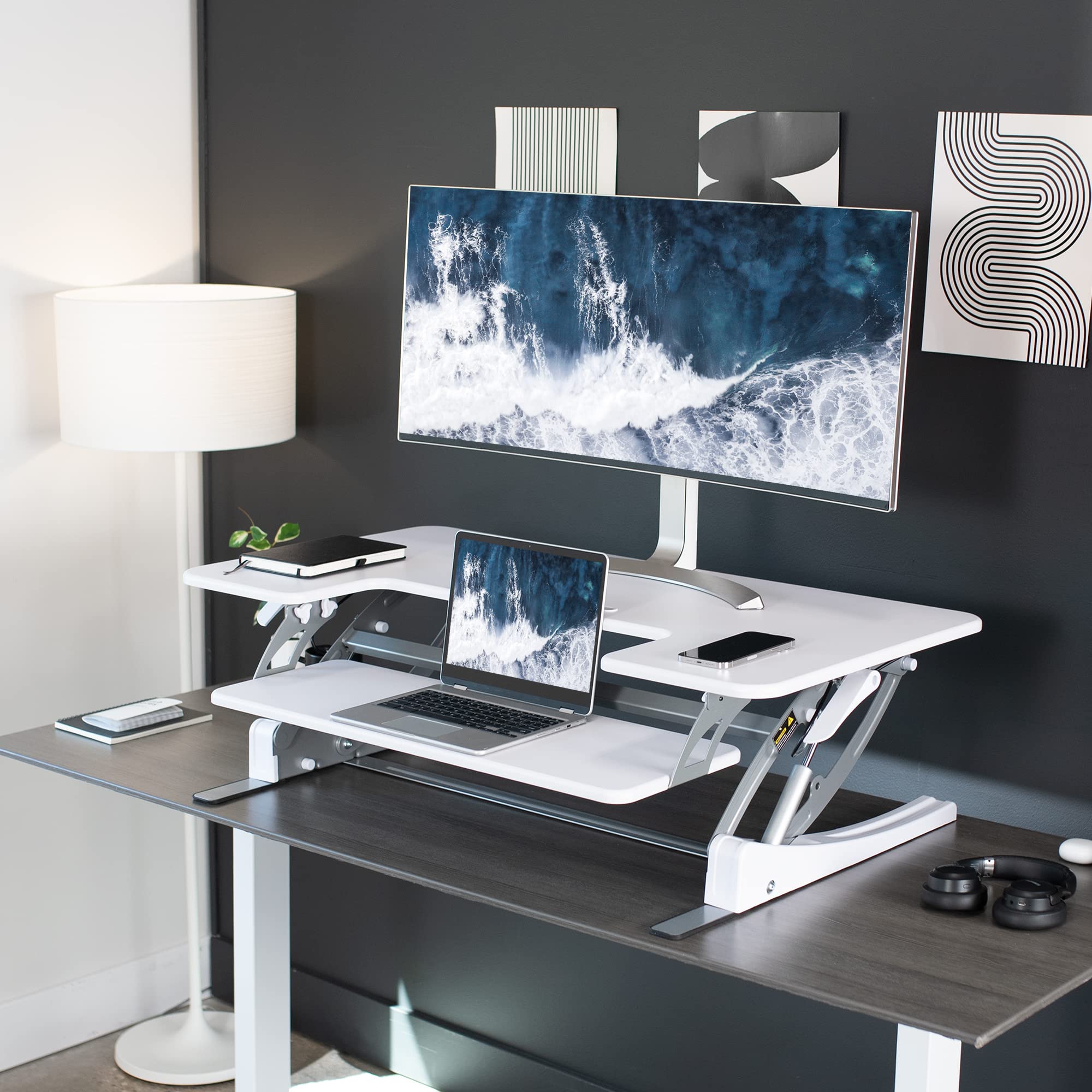 42 inch Height Adjustable Stand Up Desk Converter, V Series, Quick Sit to Stand Tabletop Dual Monitor Riser Workstation, White