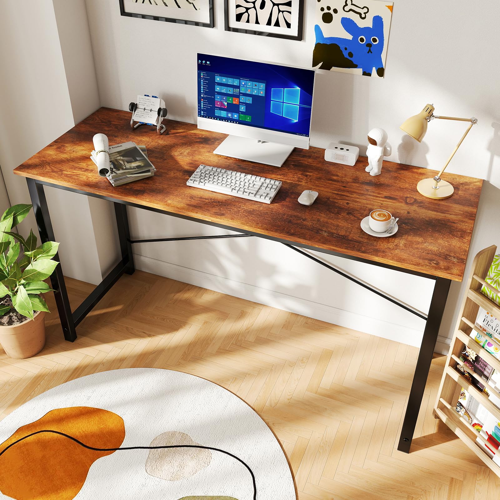 55 Inch Computer Office Desk Writing Gaming Study Work Large Desks for Bedroom Home Office with Metal Frame Simple Modern PC Table Workstation, Wood Brown
