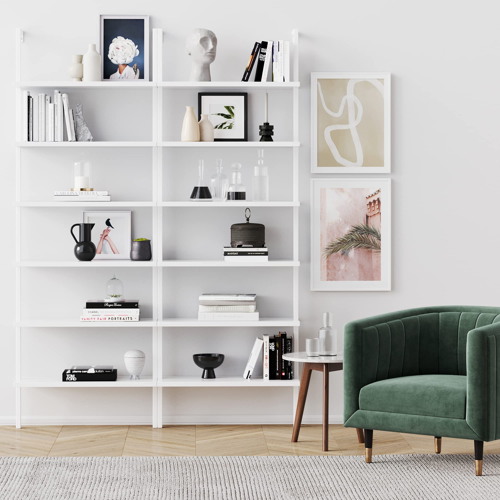 6-Shelf Tall Modern Bookshelf, Wall Mount Ladder Shelf Bookcase with Wood and Industrial Metal Frame, Matte White