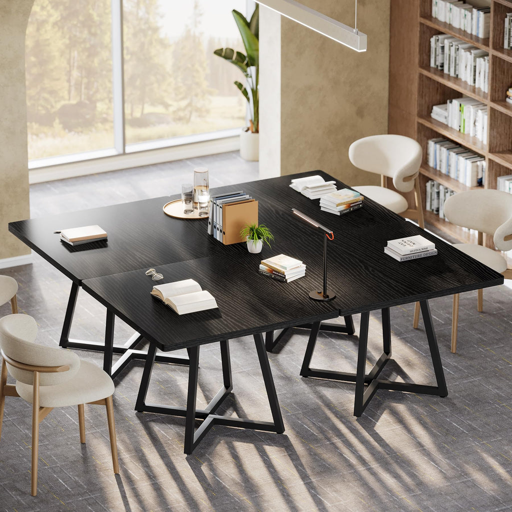 31.5" Square Conference Table, Industrial Office Meeting Table for 4 People, Business Podcast Furniture with Metal Base for Small Spaces, Office Conference, Vintage Brown
