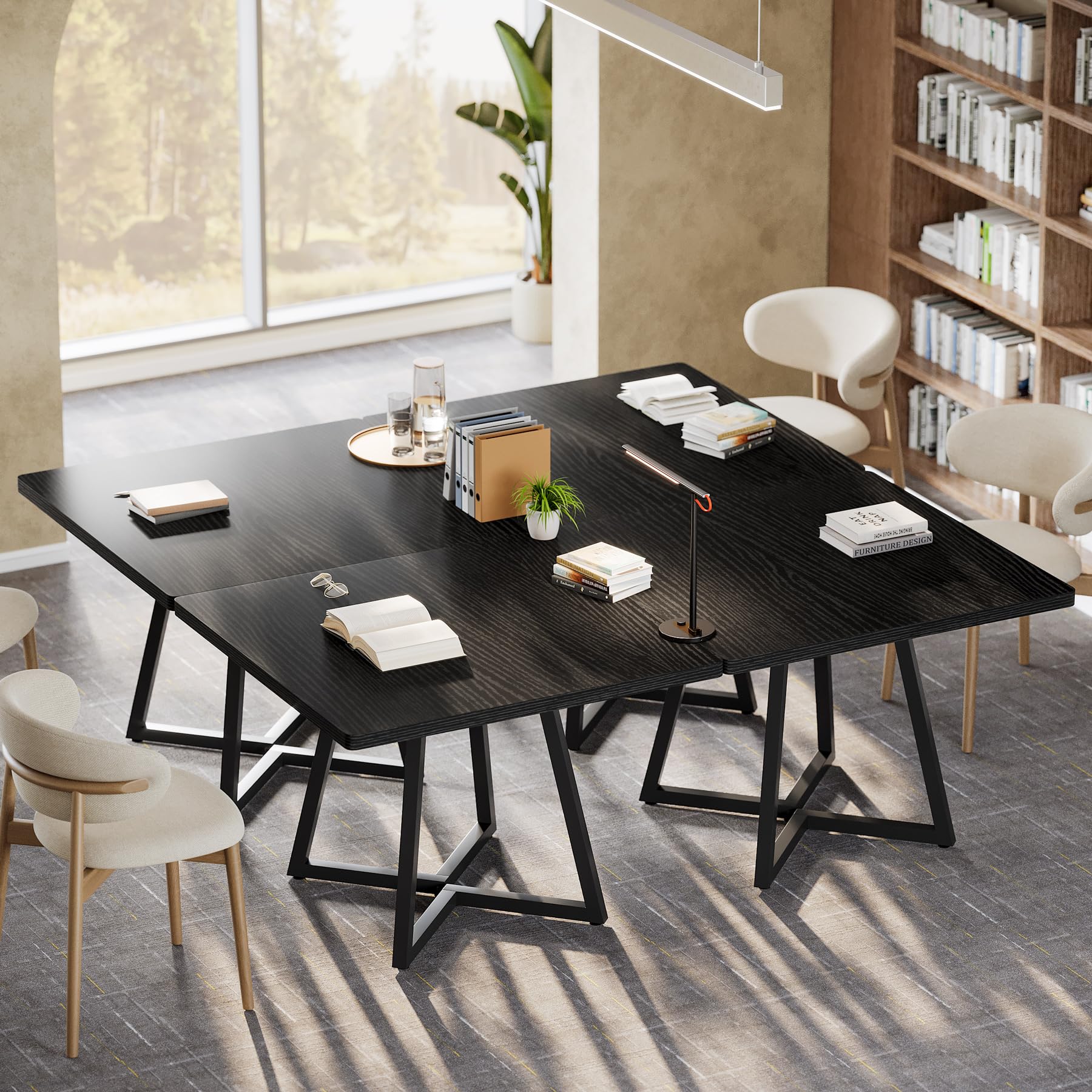 31.5" Square Conference Table Set of 2, 63" Industrial Office Meeting Table for 4-6 People, Business Podcast Furniture with Metal Base for Small Spaces, Office Conference, Vintage Brown