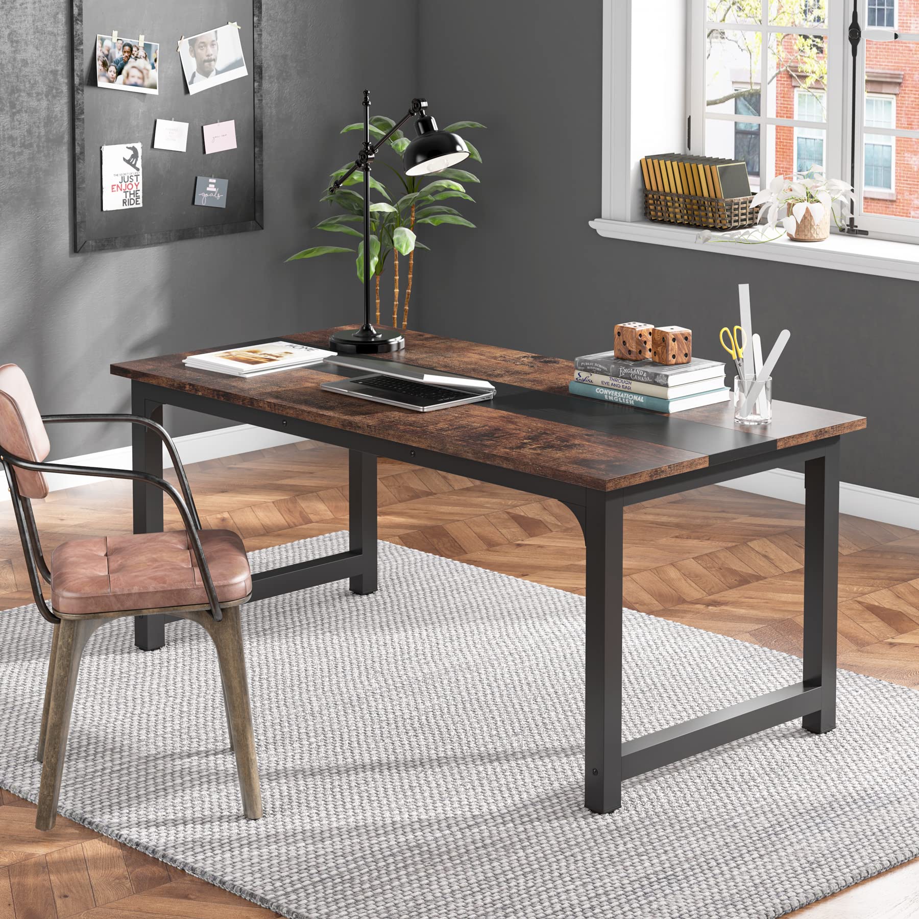 63” Executive Desk, Large Office Computer Desk with Thicken Frame, Modern Simple Workstation Business Furniture for Home Office, Vintage Brown/Black